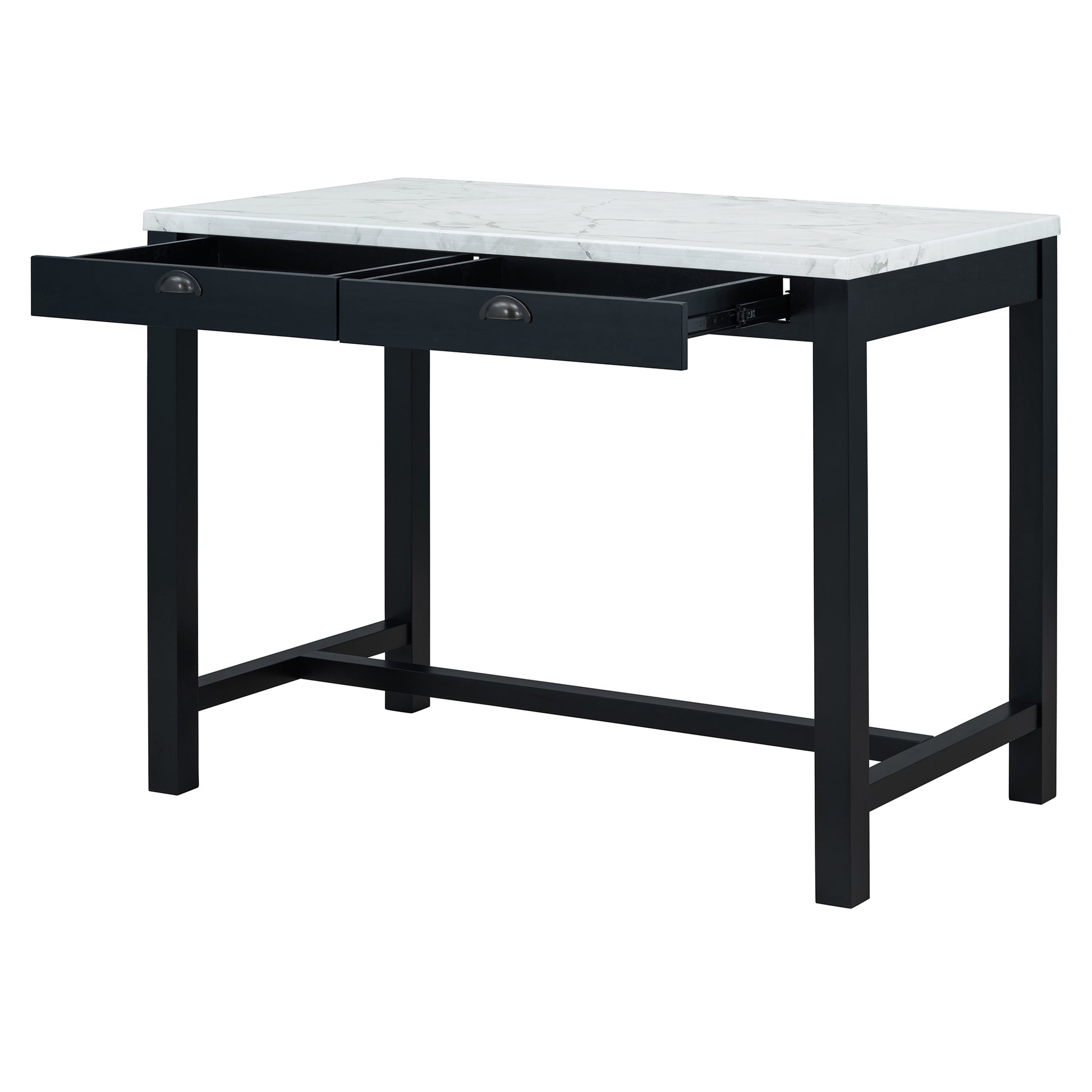 3 Piece Modern Faux Marble Versatile Bar Table Set With Storage Drawers And Padded Stools, Ideal For Space Saving Dining Nooks Or Small Kitchens Black Black Solid Wood Mdf