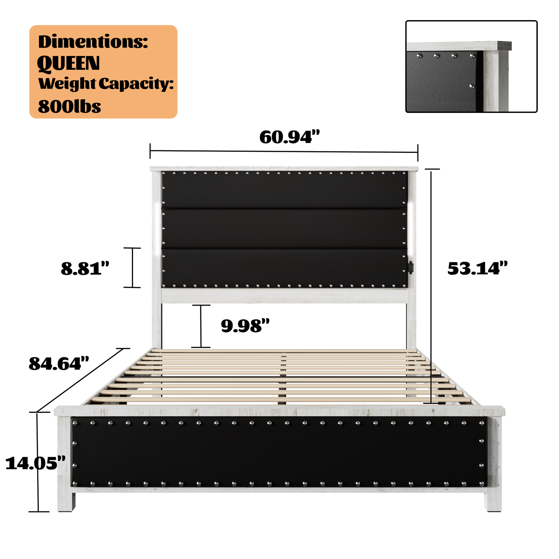 Queen Size Bed Frame With Upholstered Headboard, Queen Bed Frame With Charging Station And Led Lights, Wood Slats, Dark Gray Faux Leather & Rivets, No Box Spring Needed, Easy Assembly Box Spring Not Required Queen Antique White Gray Wood Bedroom Bed
