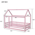 Twin Size Floor Wooden Bed With House Roof Frame, Fence Guardrails,Pink Twin Pink Pine