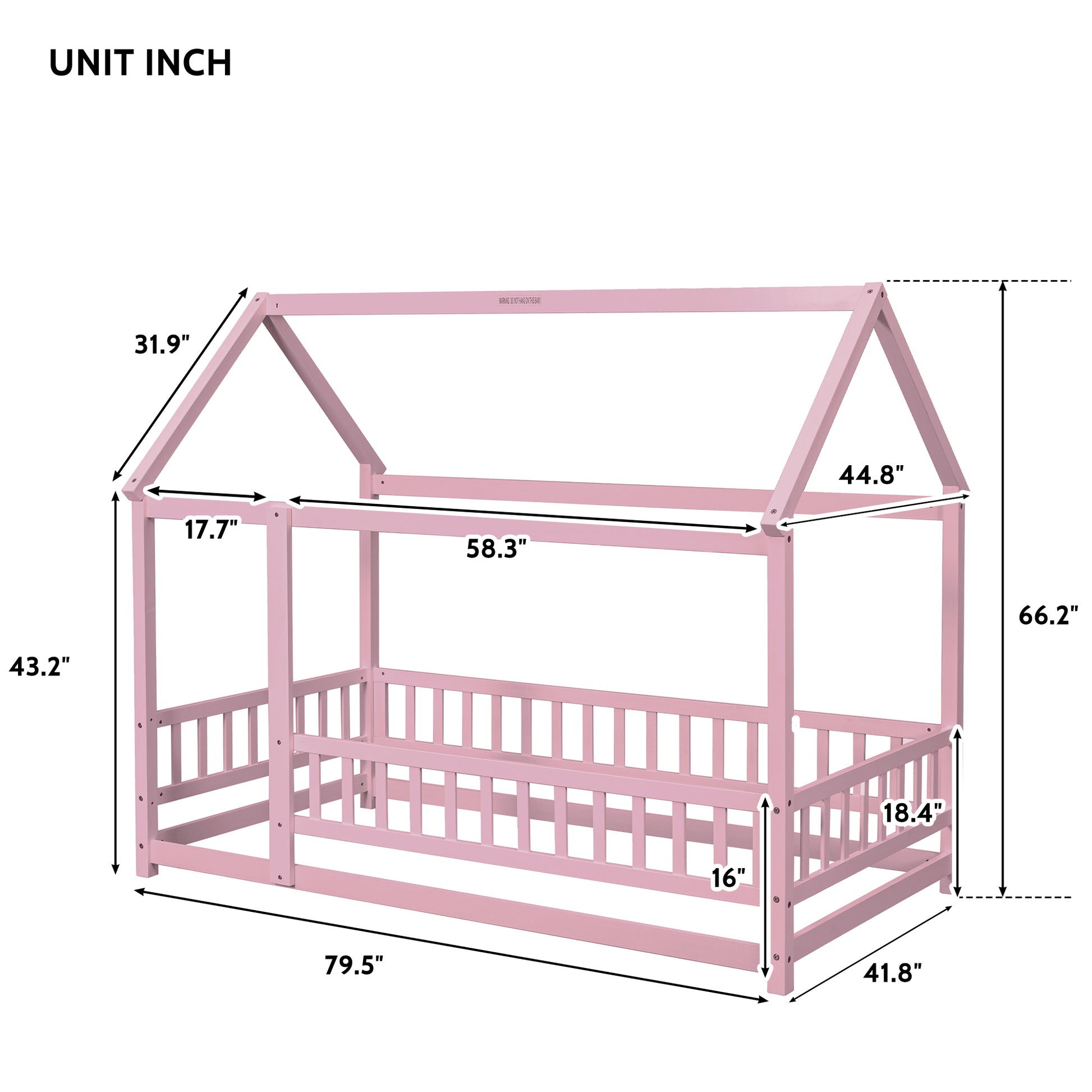 Twin Size Floor Wooden Bed With House Roof Frame, Fence Guardrails,Pink Twin Pink Pine