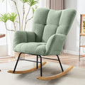 Teddy Fabric Rocking Chair, Modern Rocking Accent Chair For Nursery, Living Room, Bedroom, Light Geen Metal Light Green Bedroom Foam Modern Rocking Chairs Rubberwood Foam Wood Metal