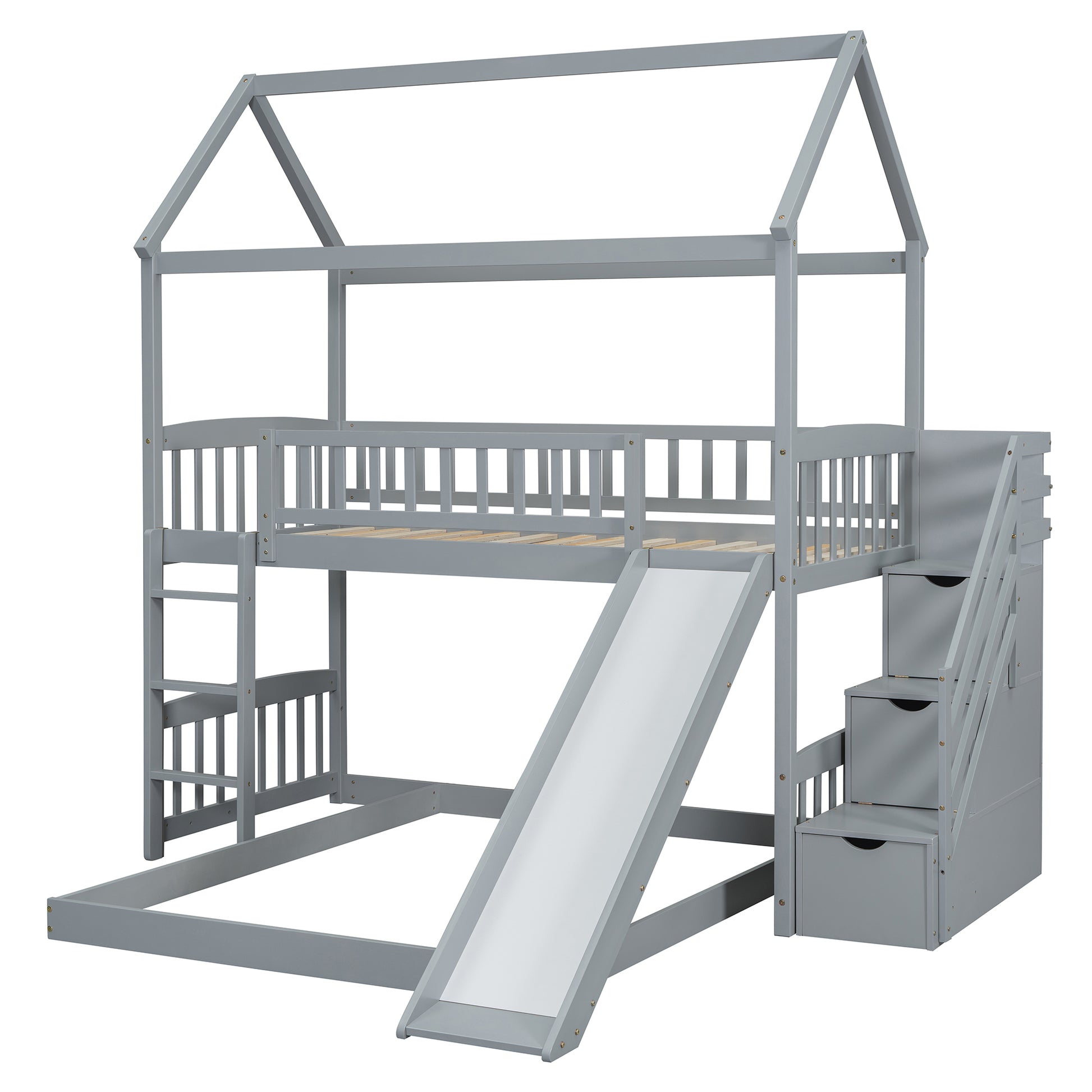 Twin Over Twin Bunk Bed With Two Drawers And Slide, House Bed With Slide, White Old Sku :Lt000129Aae Gray Pine