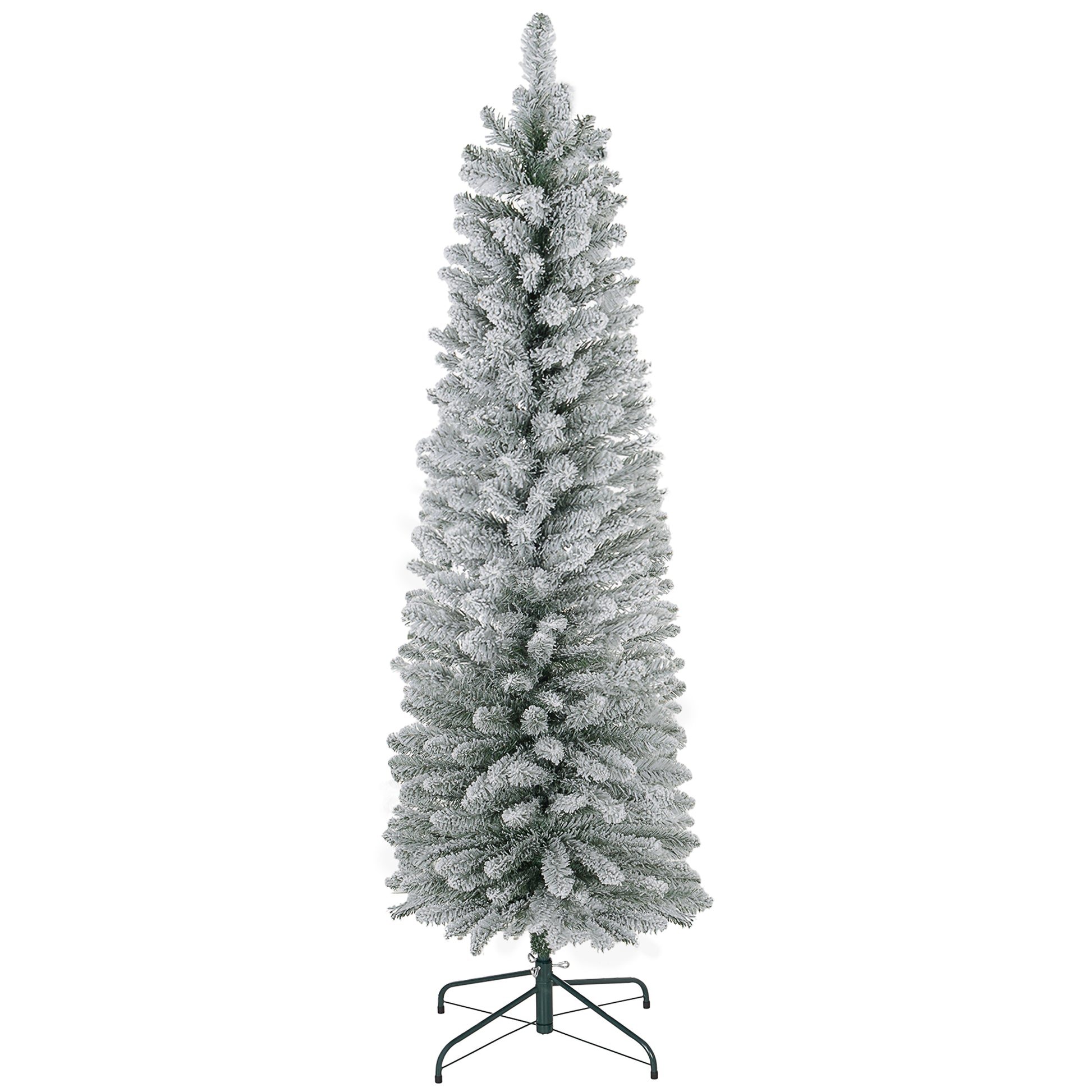 Homcom 5Ft Artificial Pencil Christmas Tree With 263 Snow Flocked Tips, Metal Base, Realistic Xmas Tree Green Plastic