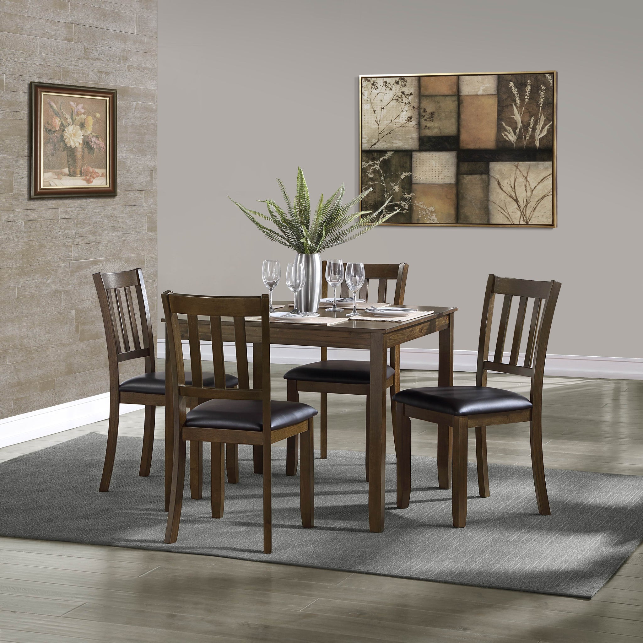 Transitional Style 5Pc Dinette Set Charcoal Brown Finish Dining Room Table And 4 Chairs Faux Leather Upholstery Vertical Slat Back Chairs Wood Wood Brown Mix Seats 4 Wood Dining Room 36 Inches 4 Leg Square Dining Table With Chair Wood