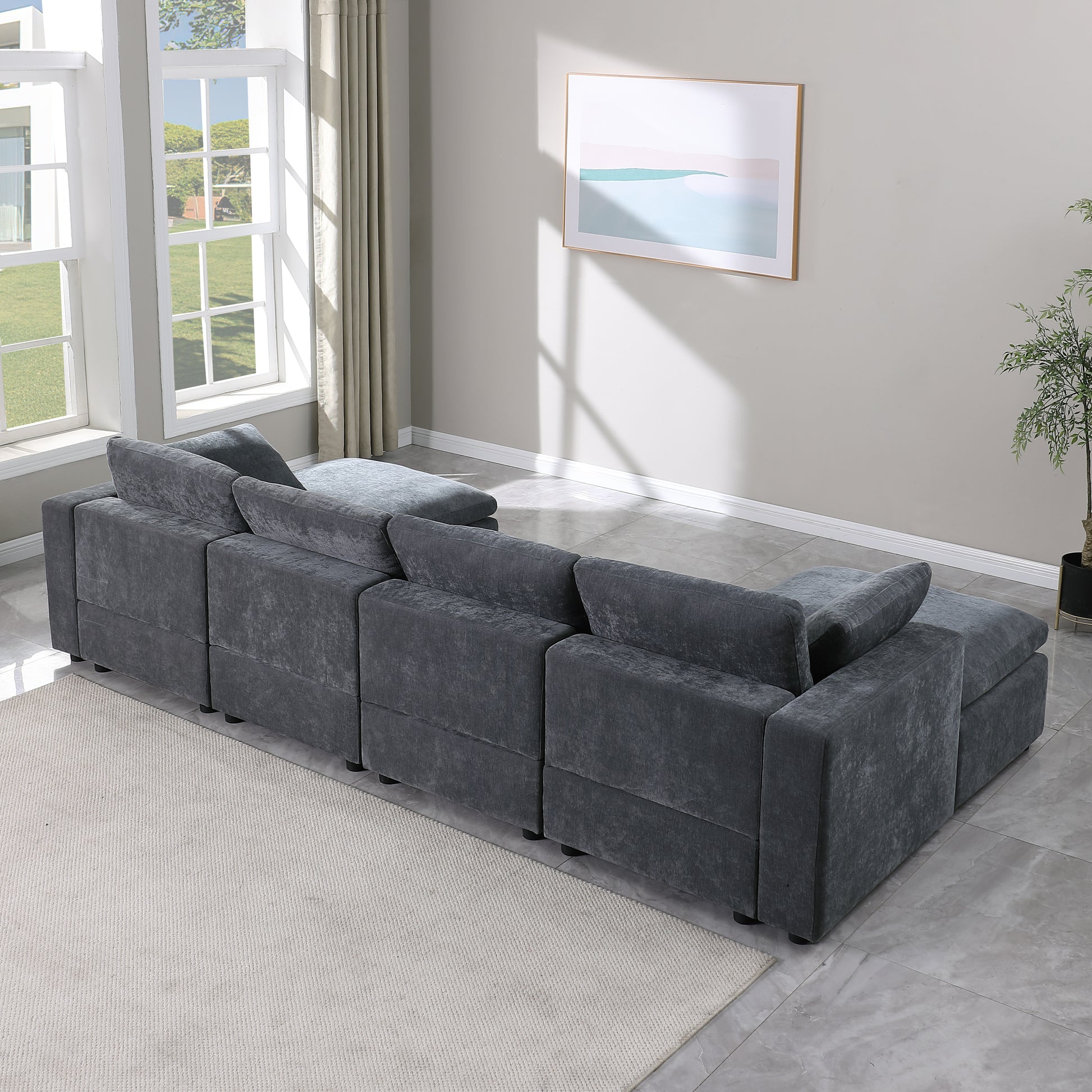 123.6" Modular Sectional Sofa, Convertible U Shaped Sofa Couch, Modular Sectionals With Ottomans, 6 Seat Sofa Couch With Reversible Chaise For Living Room. Chenille Grey Grey Chenille Fabric 6 Seat