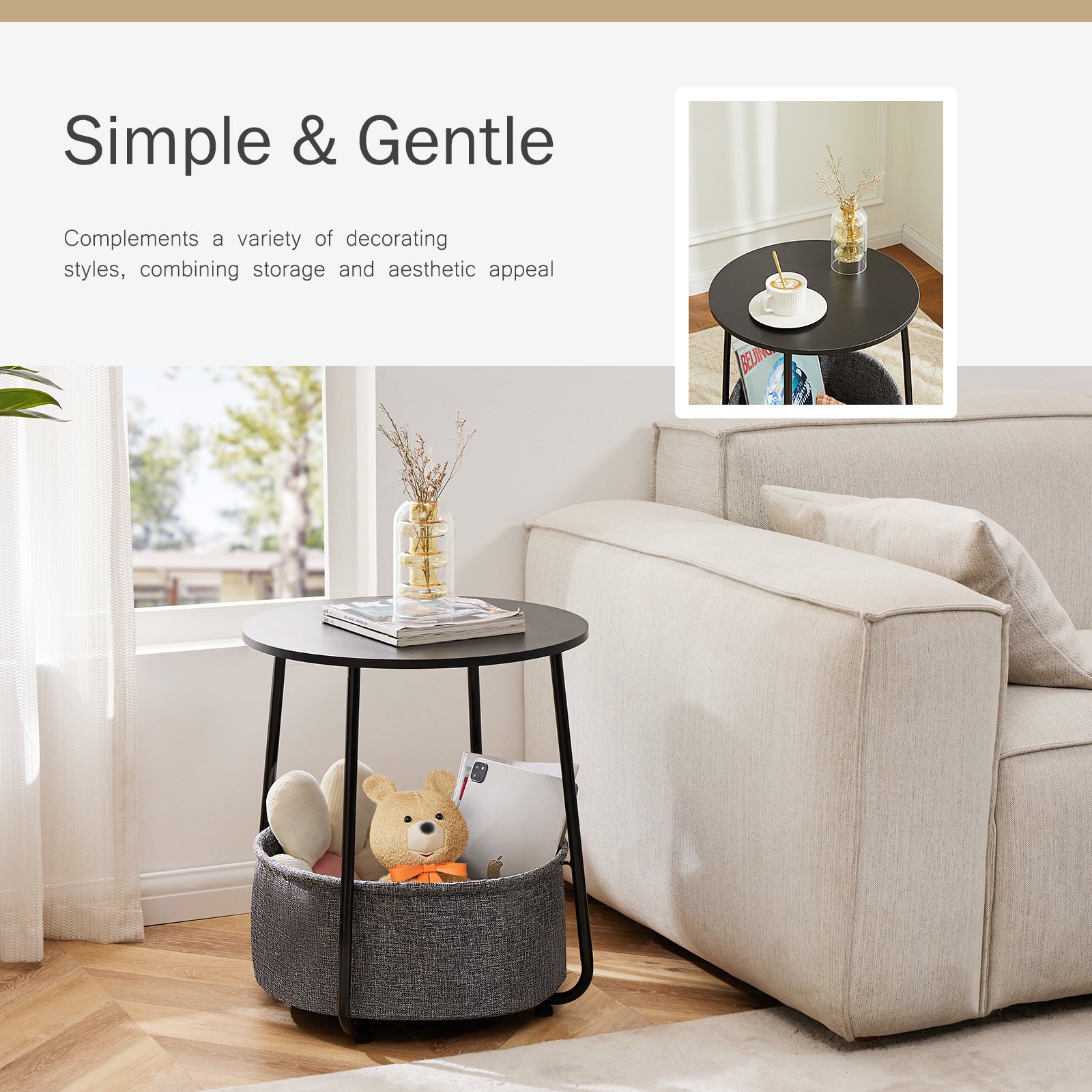 Small Round Side End Table For Living Room, Modern Nightstand Bedside Table With Fabric Basket For Bedroom Nursery, Side Table With Steel Frame Black & Grey Grey Stainless Steel