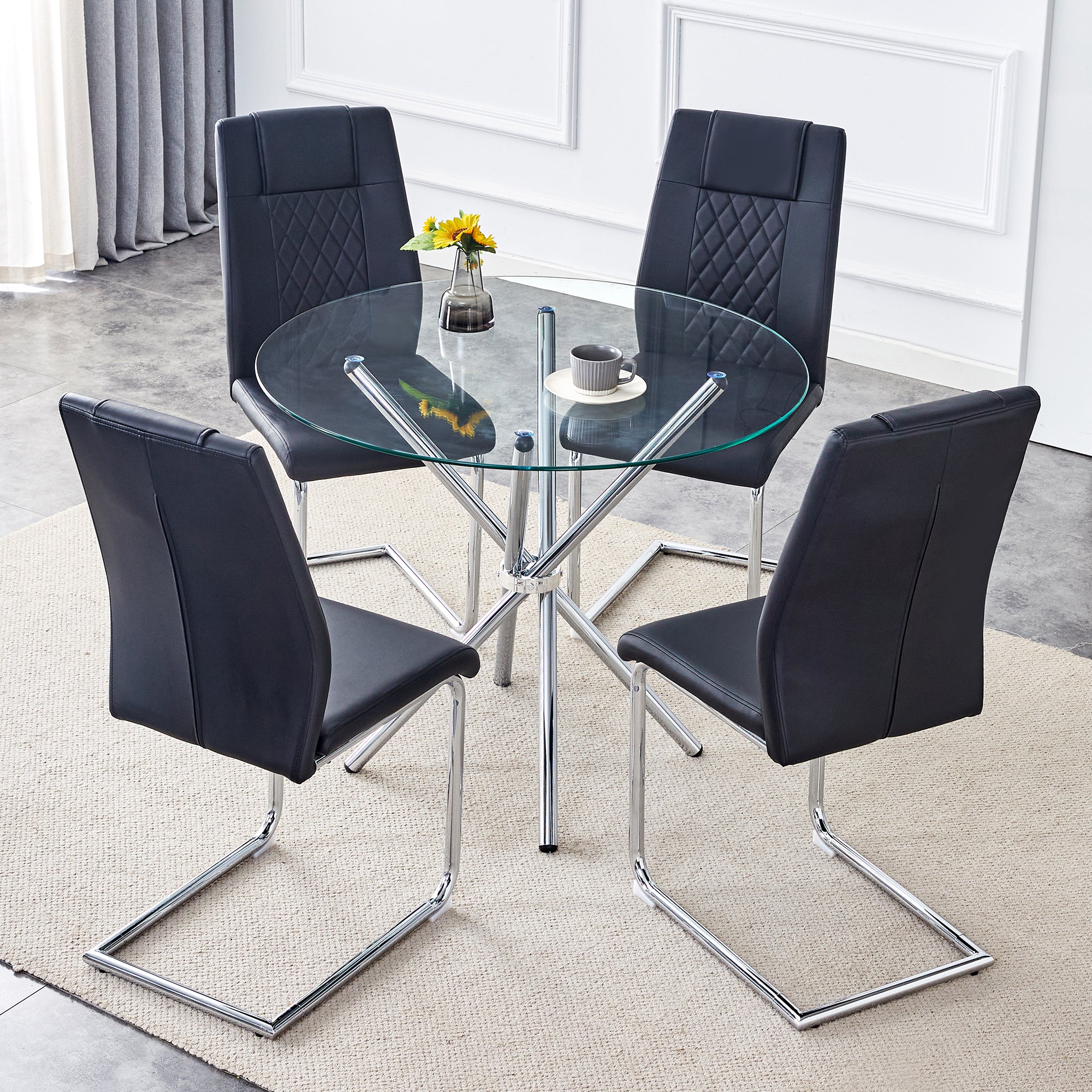 Table And Chair Set.36.6"Round Clear Glass Dining Table With A Unique Shape With Ring Shaped Gathered Silver Metal Legs.Paired With 4 Black High Quality Pu Dining Chairs With Silver Metal Legs.