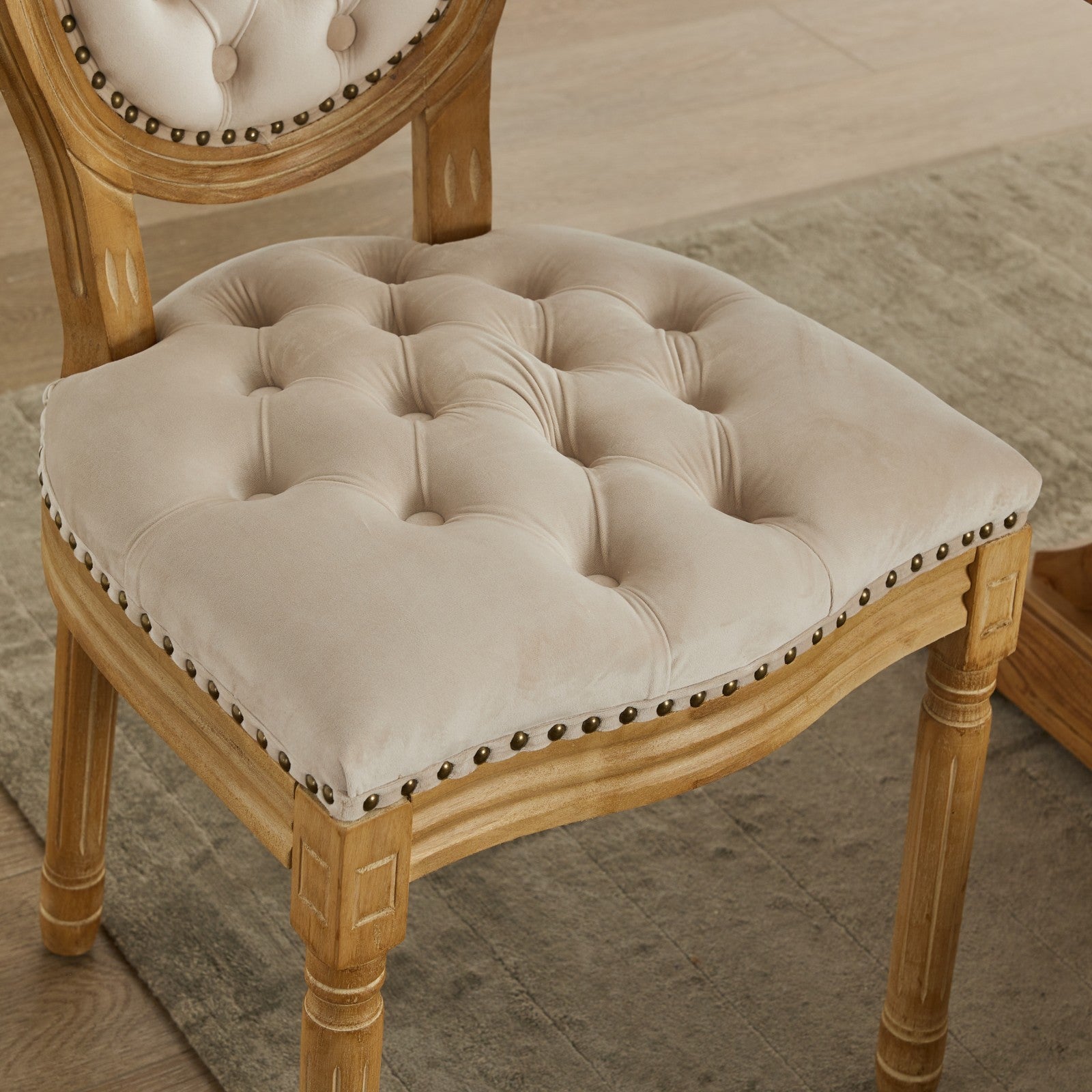 French Style Solid Wood Frame Antique Painting,Hand Pulled Buckle Decoration Velvet Artificial Leather Dining Chair With Trim ,Wood Legs,Steel Spring Inner,Set Of 2,Beige,Sw1739Bg Beige Dining Room American Design Dining Chairs Rubberwood Set Of 2 Foam