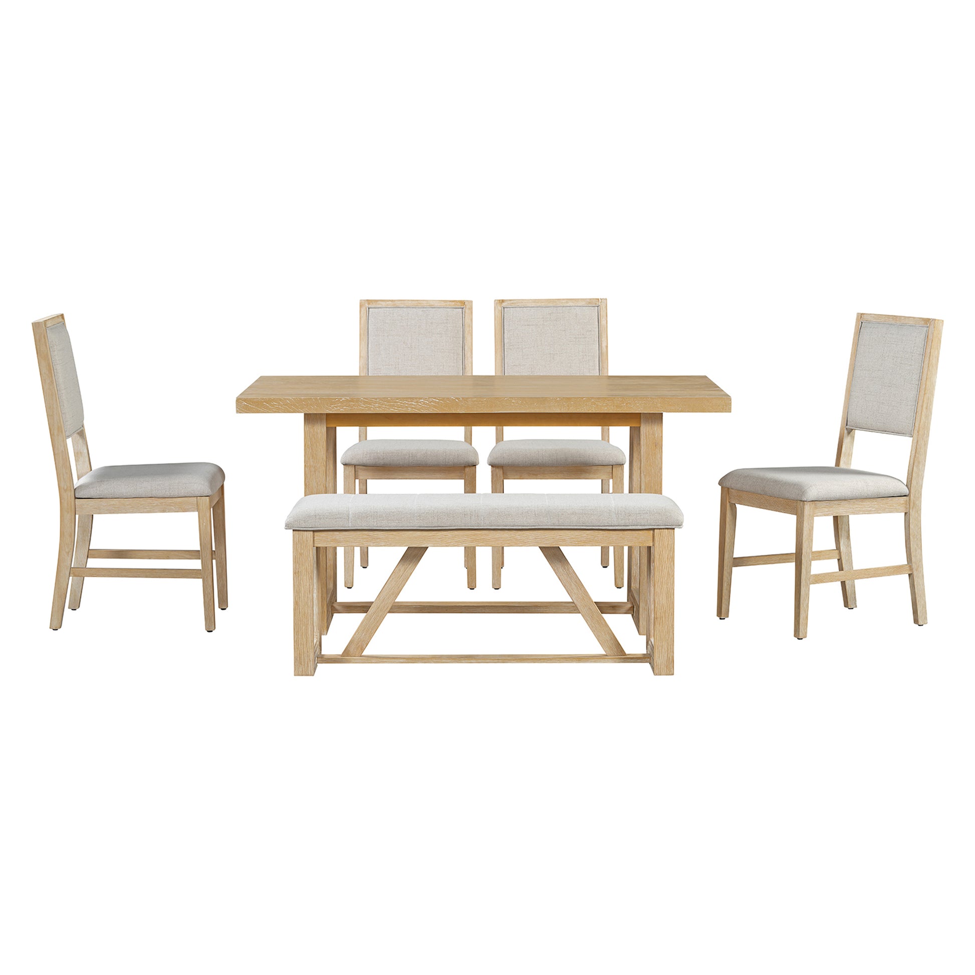 6 Piece Retro Dining Set, 1 Rectangular Table With Designed Trestle Base And 4 Upholstered Chairs And 1 Bench For Dining Room And Kitchen Natural Natural Solid Wood Mdf