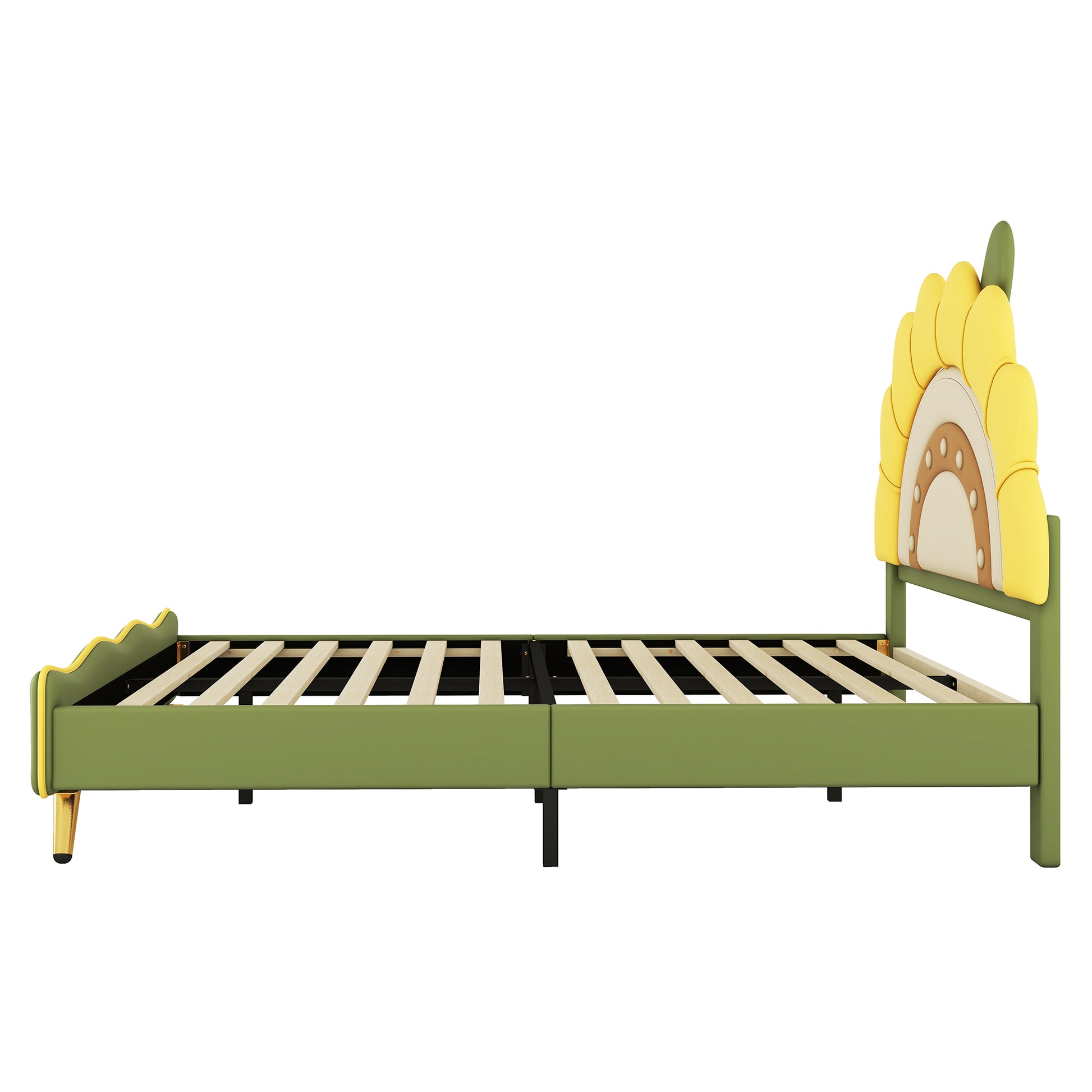 Full Size Upholstered Platform Bed With Sunflower Shaped Headboard, Green Box Spring Not Required Full Green Wood Bedroom Bed Frame Faux Leather Upholstered