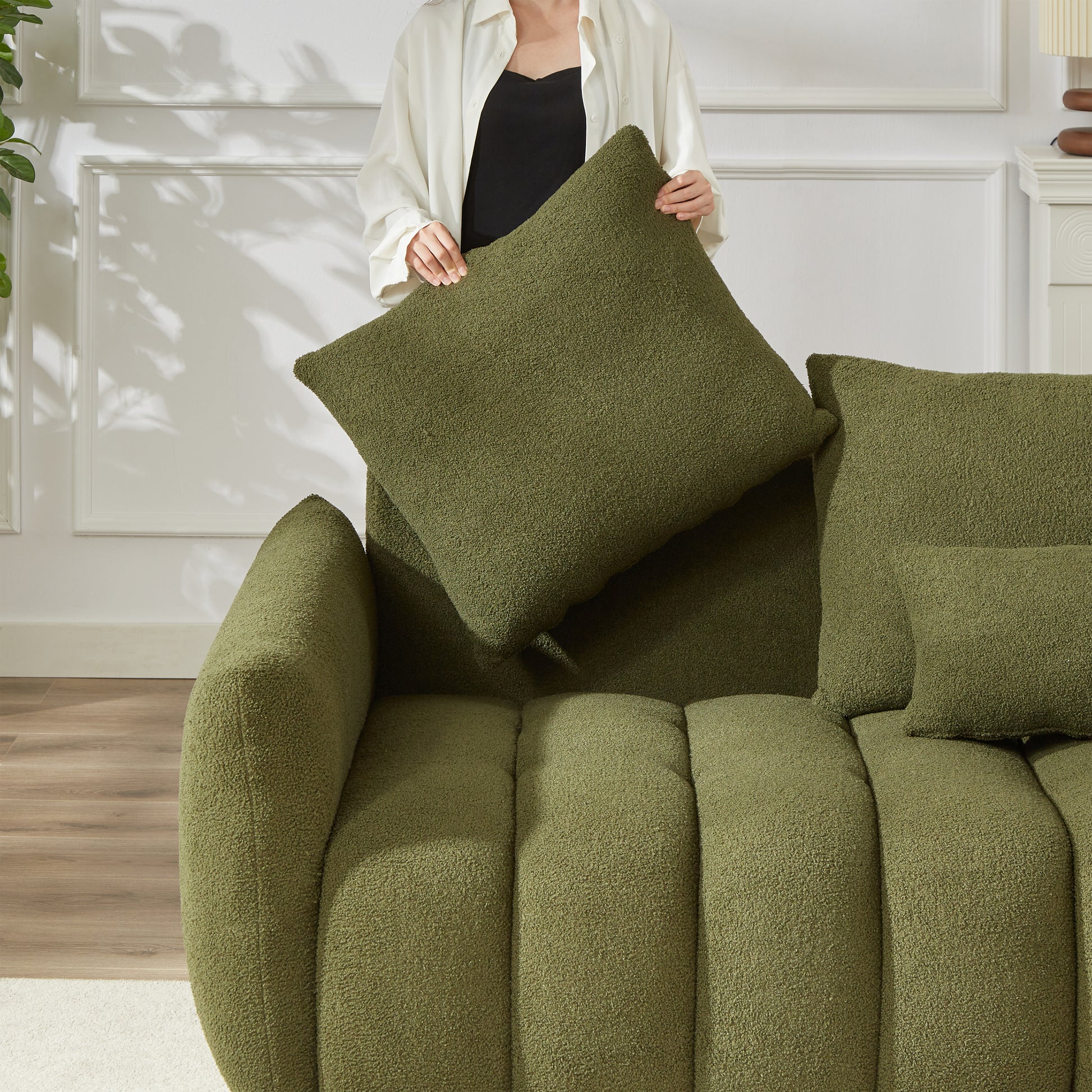 3 Seater 3 Seater Combo Sofa Modern Living Room Sofa, Teddy Sofa, Wooden Frame, 6 Cushions, Apartment Sofa Furniture Green Wood Primary Living Space Pine Foam Fabric 6 Seat