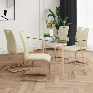 Modern Simple Rectangular Glass Dining Table, Solid Tempered Glass Countertop, Wood Transfer Metal Table Legs, Light Yellow Pu Dining Chair Set, Suitable For Restaurant Kitchen Use Set Of 5 Upholstered Chair Glass Light Yellow Seats 4 Metal Rectangular