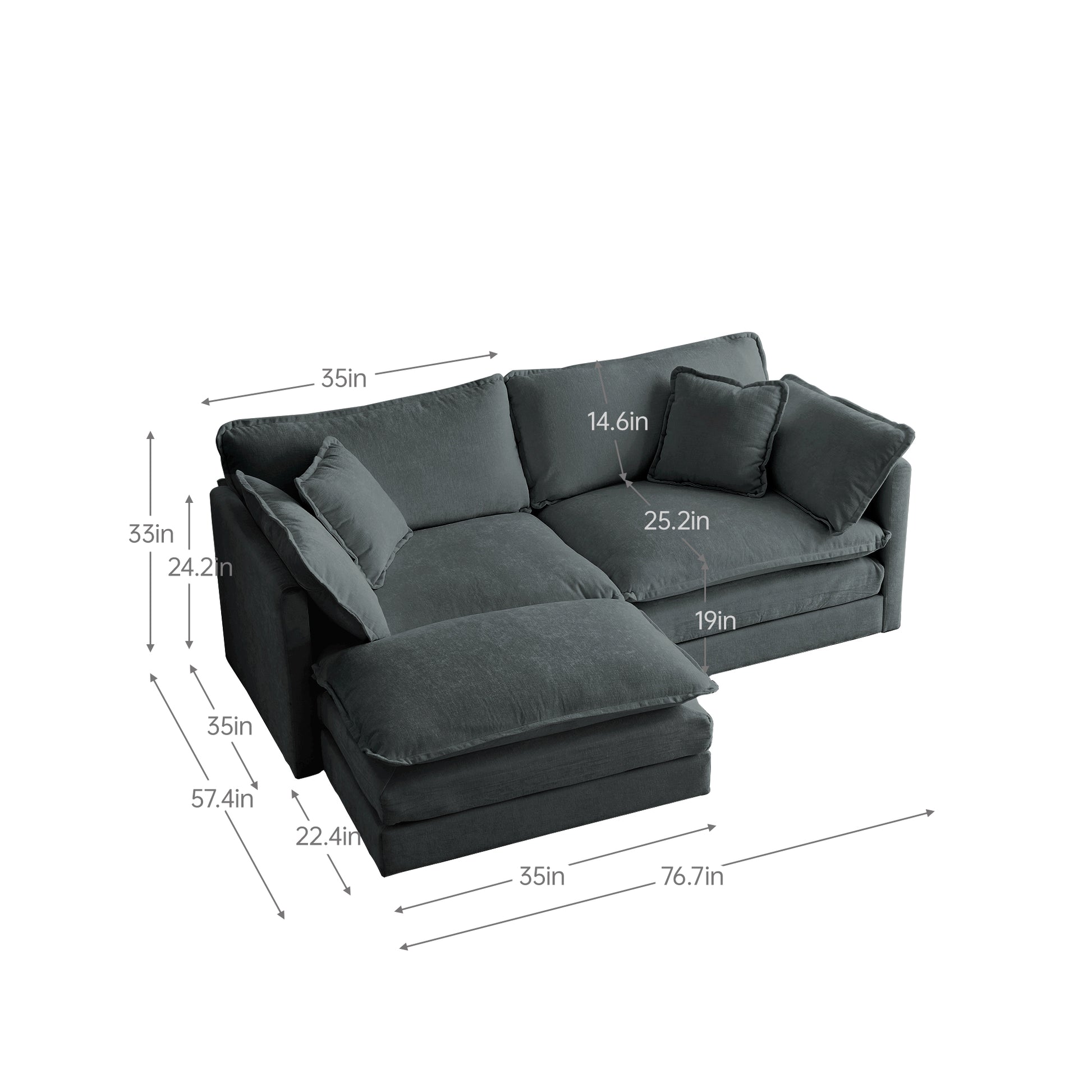 Chenille Two Seater Sofa With 1 Footrest, 2 Seater L Shaped Sectional With Ottoman,Loveseat With Ottoman For Small Living Space, Gray Chenille Gray Chenille 2 Seat