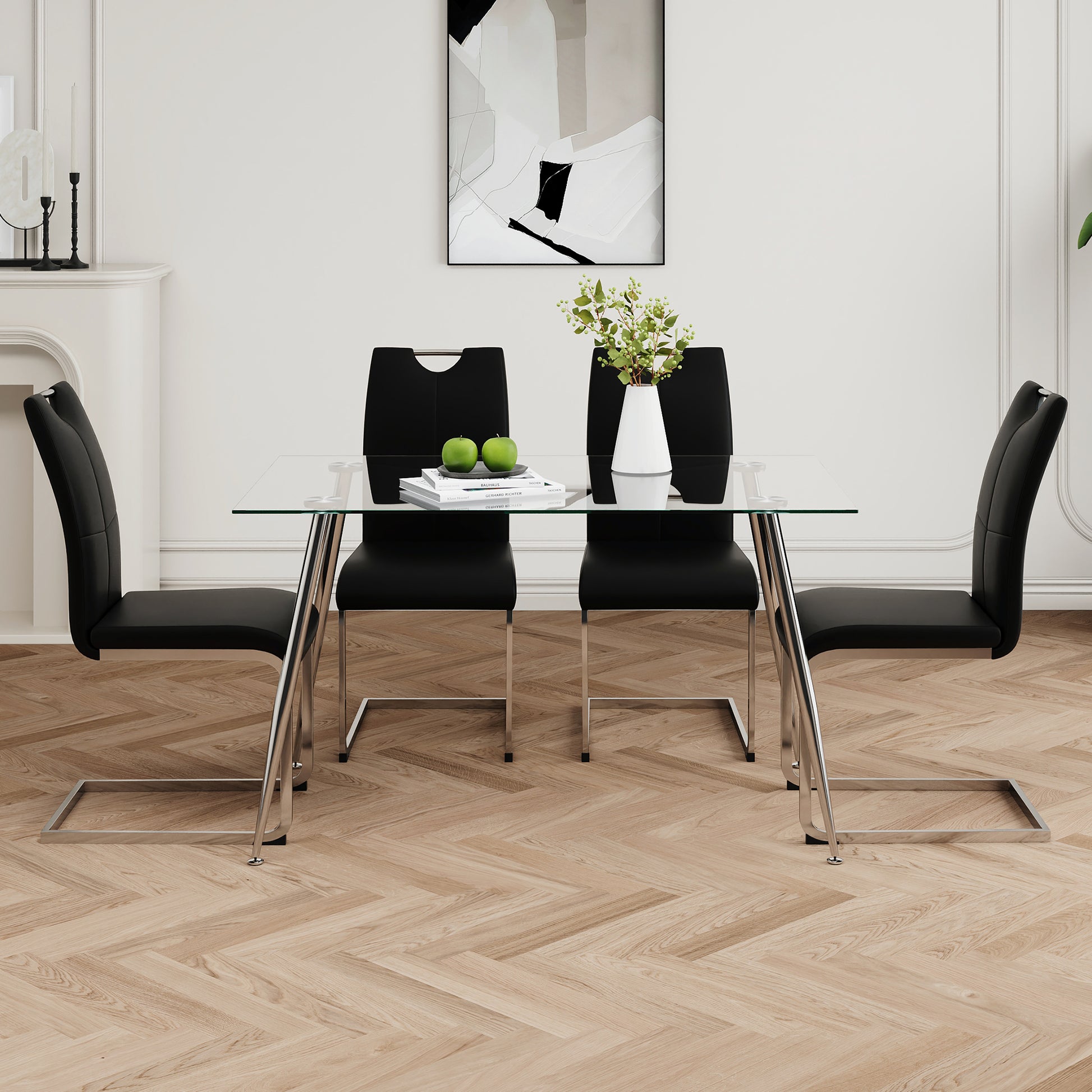 Modern Simple Rectangular Glass Dining Table, Solid Tempered Glass Tabletop, Electroplated Table Legs, Black Pu Dining Chair Set, Suitable For Restaurant Kitchen Use Set Of 5 Upholstered Chair Glass Black Seats 4 Metal Rectangular Dining Table With Chair