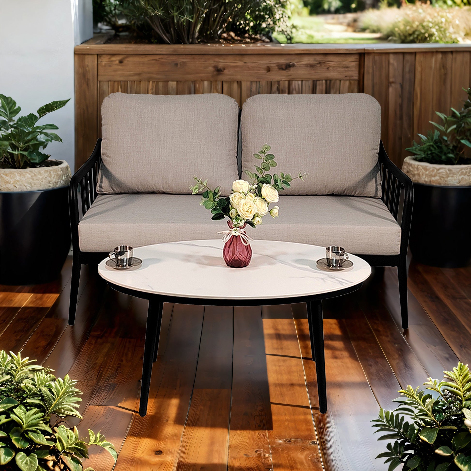 2Pc Outdoor Aluminum Patio Furniture, Modern Loveseat Sofa Conversation Chat Set, Sunbrella Cushions And Oval Coffee Table With White Carrara Marble Look Sintered Stone Top, Ember Black Yes Deep Seating Ember Black Rust Resistant Frame Fade Resistant