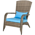 Outsunny Patio Wicker Adirondack Chair, Outdoor All Weather Rattan Fire Pit Chair W Soft Cushions, Tall Curved Backrest And Comfortable Armrests For Deck Or Garden, Sky Blue Blue Steel