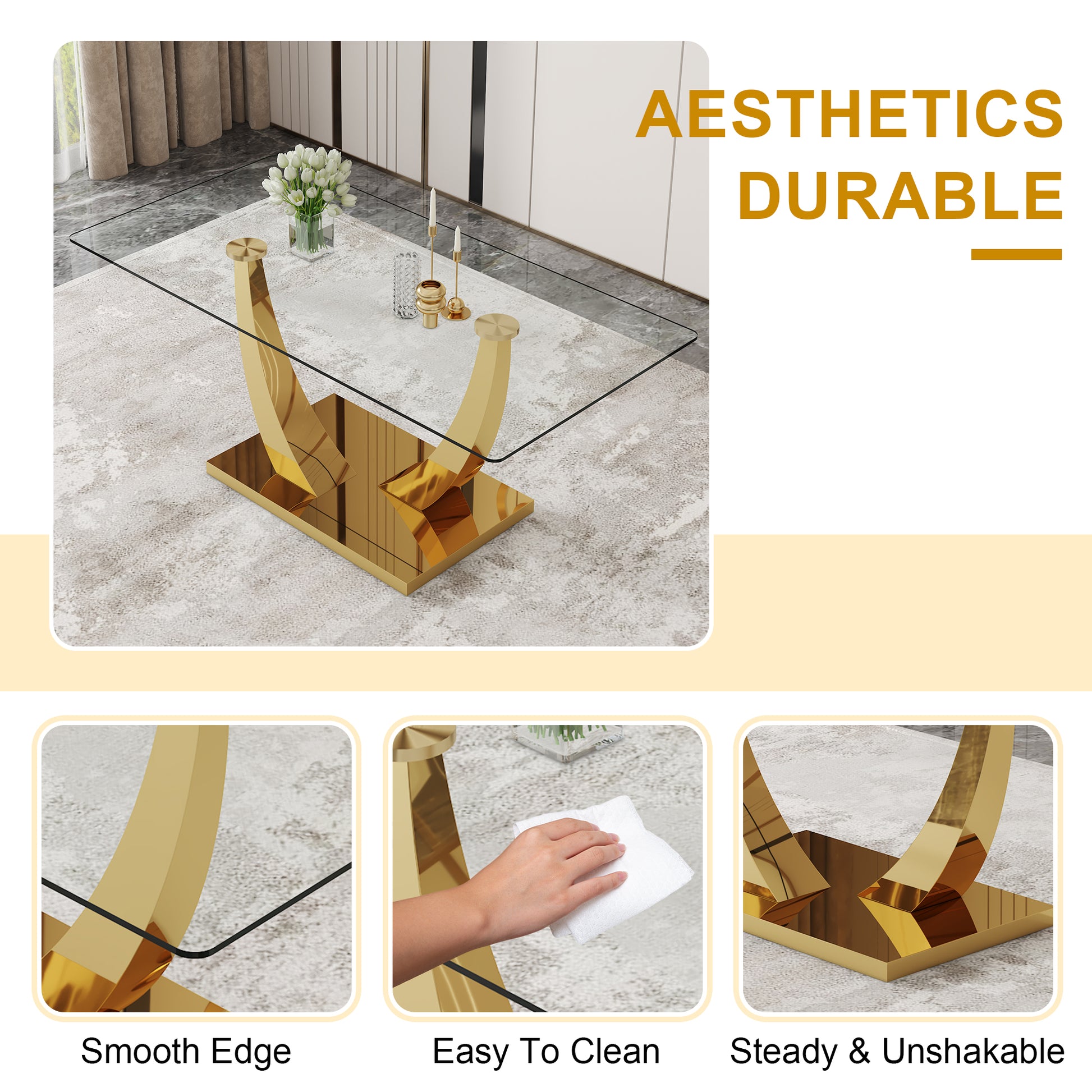 Table And Chair Set.Modern Rectangular Dining Table With Transparent Tempered Glass Tabletop And Gold Plated Metal Legs.Paried With 6 Comfortable Chairs With Pu Seats And Golden Metal Legs. Transparent,White Gold Seats 6 Glass Metal