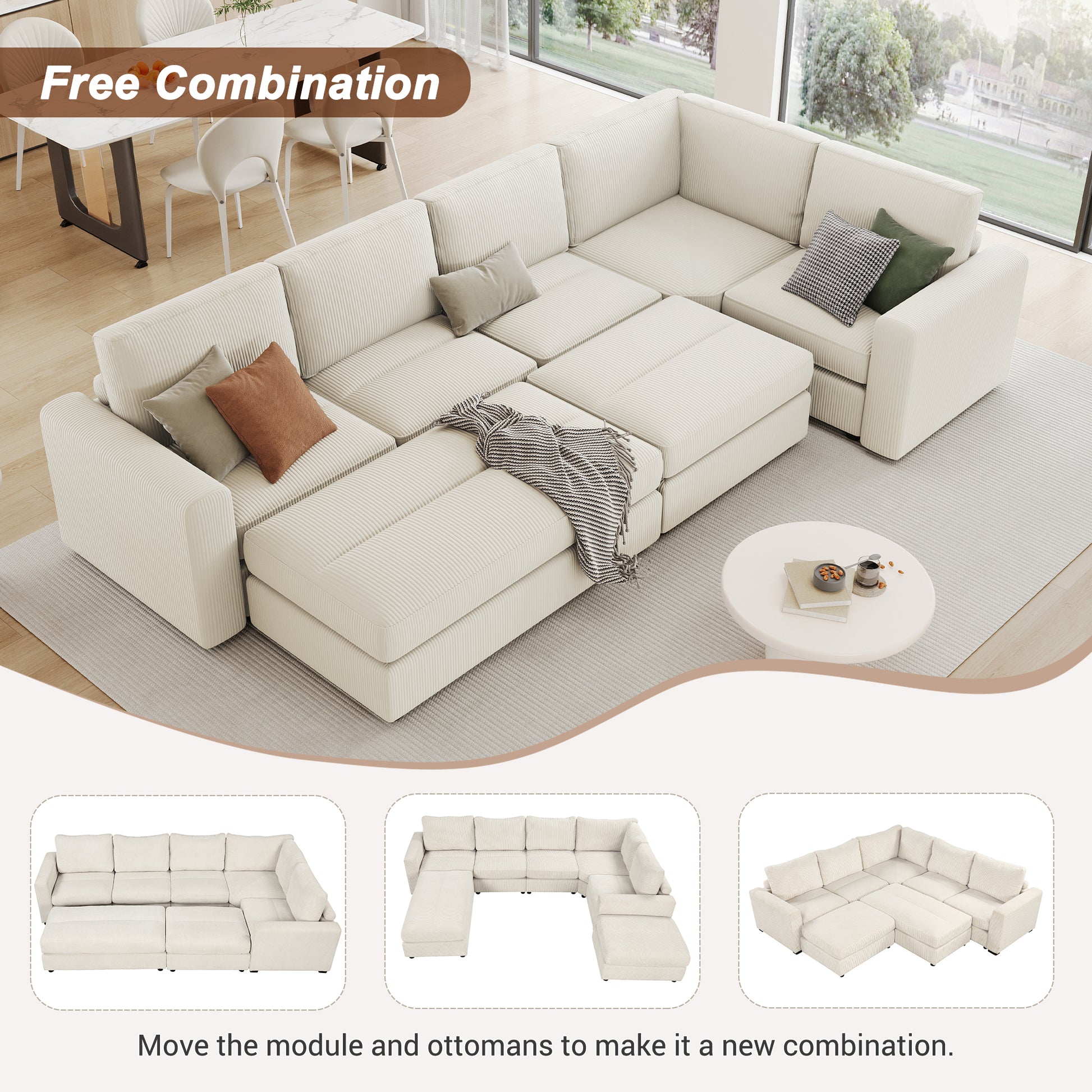 121.3" Sectional Couch Sofa Bed Modular Sofa With Two Movable Ottomans For Living Room Old Sku:N719S001640A , Beige Beige Foam Corduroy 7 Seat