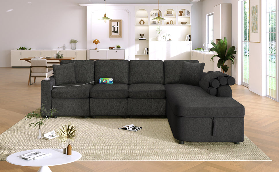 109.8"L Shaped Couch Sectional Sofa With Storage Chaise,Cup Holder And Usb Ports For Living Room, Black Black Foam Chenille 4 Seat