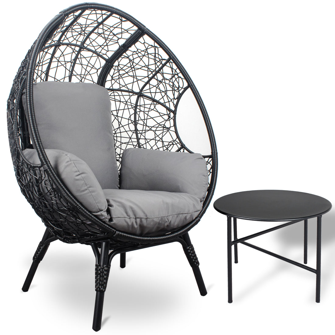 Patio Pe Wicker Egg Chair Model 3 With Black Color Rattan Grey Cushion And Side Table Yes Black Foam Steel