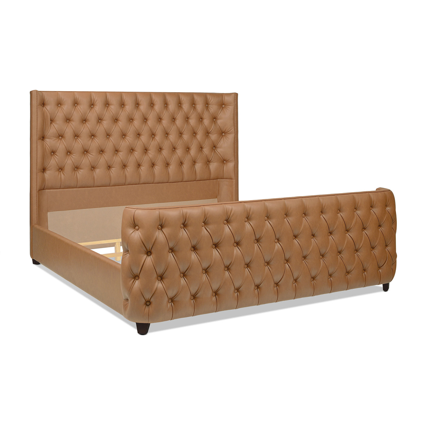 Brooklyn King Tufted Panel Bed Headboard And Footboard Set, Caramel Tan Brown Faux Leather Box Spring Required King Tan Brown Wood Foam Faux Leather Faux Leather