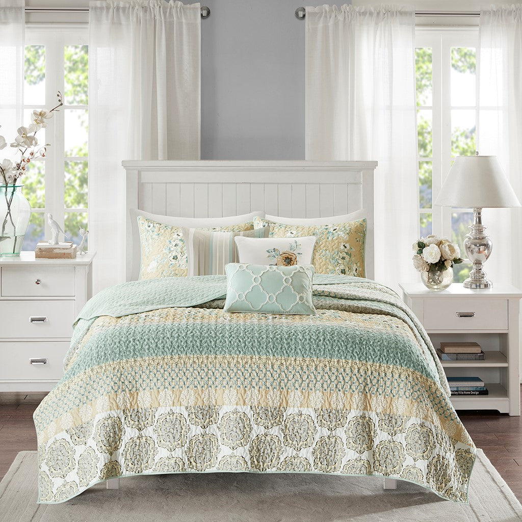 6 Piece Cotton Quilt Set With Throw Pillows Green Full Queen Green Polyester