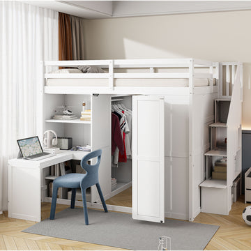 Full Size Bunk Bed With Wardrobe,Desk And Shelves,White White Mdf Lvl