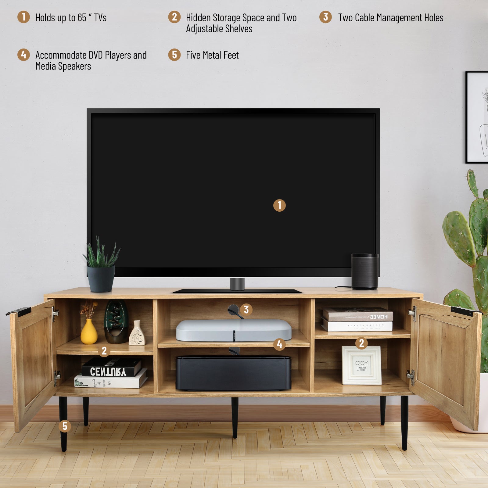 Wooden Tv Stand For Tvs Up To 65 Inches,With 2 Rattan Decorated Doors And 2 Open Shelves,Living Room Tv Console Table Wooden Entertainment Unit, Natural Color Natural Particle Board