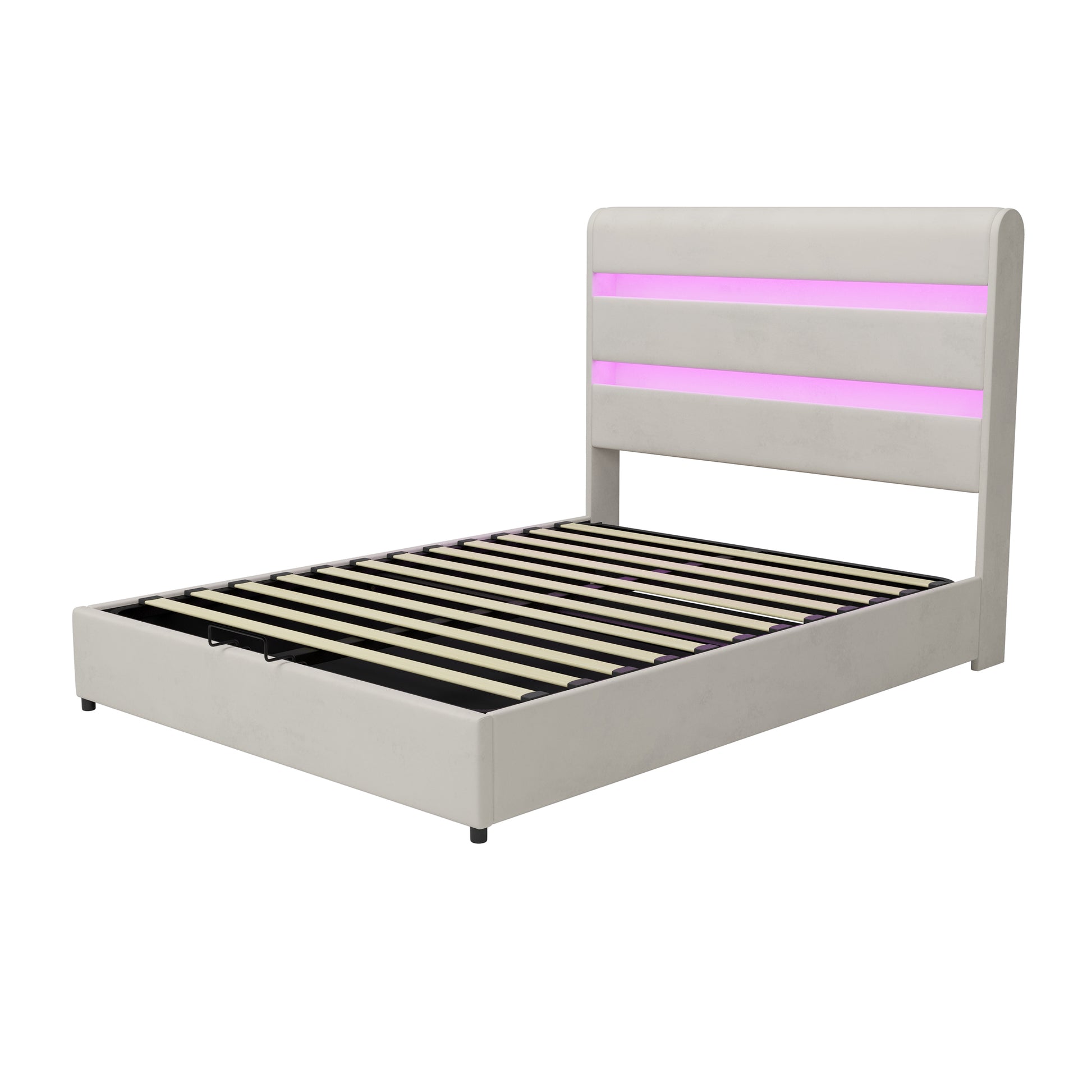 Upholstered Platform Queen Size Hydraulic Storage Bed, Lift Up Storage Bed With Rgb Led Light Headboard, No Box Spring Needed,Velvet,Beige Queen Beige Velvet Wood Metal