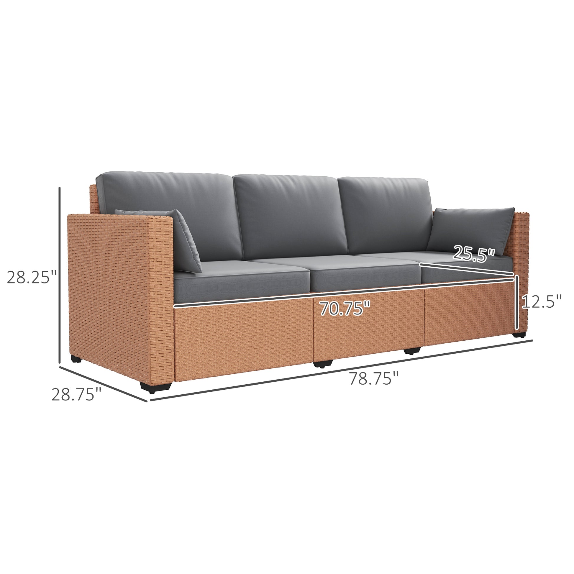 Outsunny Wicker Patio Couch, Pe Rattan 3 Seat Sofa, Outdoor Furniture With Deep Seating, Cushions, Steel Frame, Sand Brown Steel