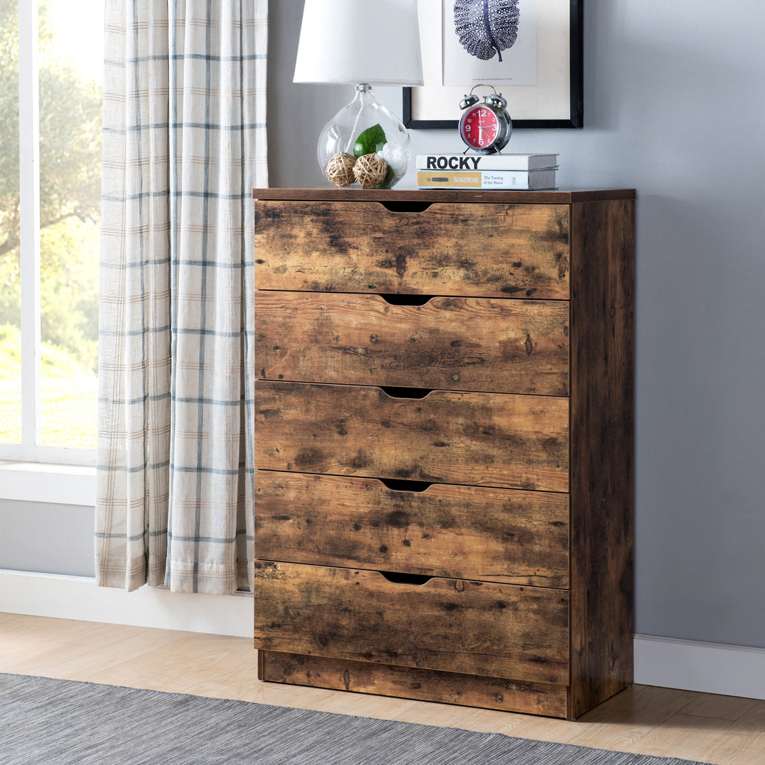 Functional 5 Drawer Chest In Distressed Brown Finish Distressed Brown Mdf