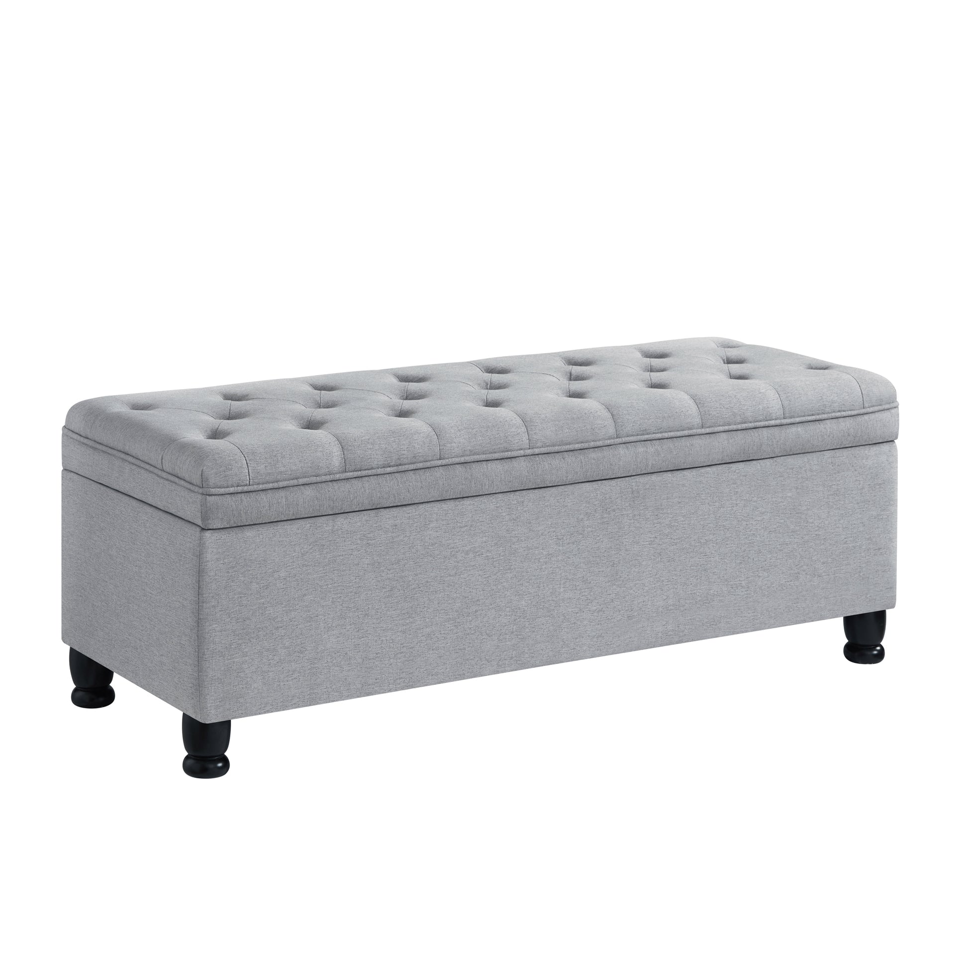 Upholstered Tufted Button Storage Bench ,Linen Fabric Entry Bench With Spindle Wooden Legs, Bed Bench Light Gray Tufted Light Gray Espresso Linen Or Linen Blend Primary Living Space Black American Design Rubberwood Wood Internal Storage Foam Linen