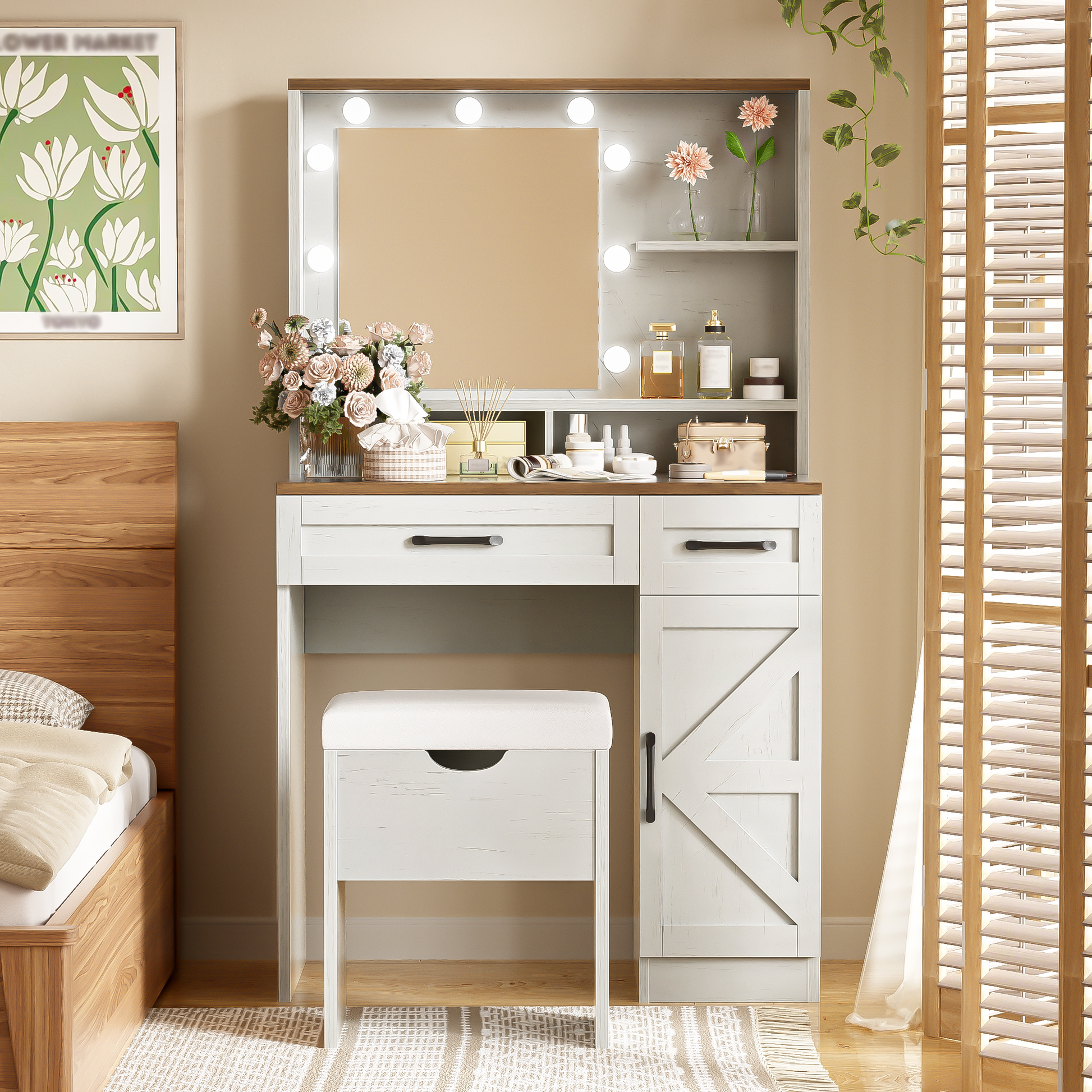 Farmhouse Makeup Vanity Desk With Mirror And Lights, 3 Lighting Modes, Vanity Set With Stool, Dressing Table With Adjustable Shelves,2 Drawers And Side Cabinet For Bedroom, White Brown White Bedroom