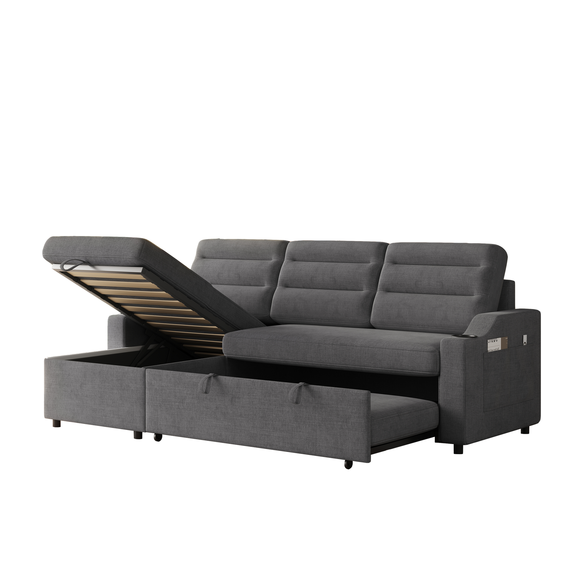 Mh83.5" Convertible Sleeper Combo Sofa, Convertible Sofa Bed Polyester Pullout Bed With Storage Recliner And Cup Holder For Living Room, Tight Spaces Dark Grey Polyester Wood Primary Living Space Pine Foam Fabric 3 Seat