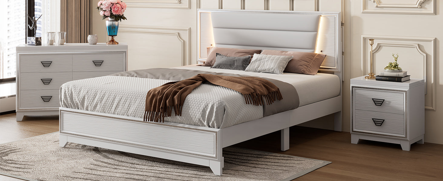 3 Pieces Bedroom Sets Queen Size Upholstered Bed With Led Lights, Nightstands And Dresser With Metal Handles And Sparkling Shiny Decoration, White Expected Arrival Time:8.5 Queen White 3 Piece Set Mdf Metal
