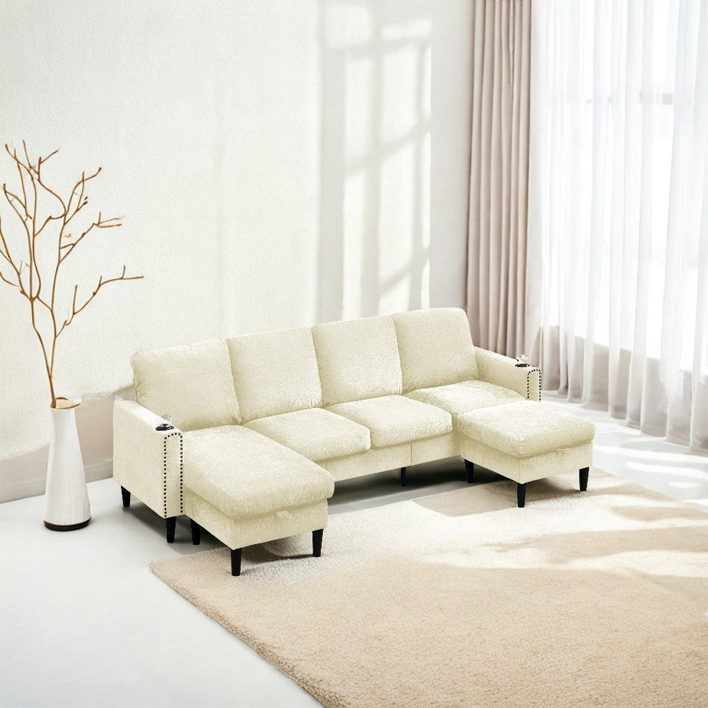 Off White Chenille Sectional Sofa, U Shaped Sofa Couch With High Density Memory Foam, 4 Seat Comfy Modular Sofa Couch For Living Room, Modern U Shaped Sectional Sofa,U Shaped Off White Off White