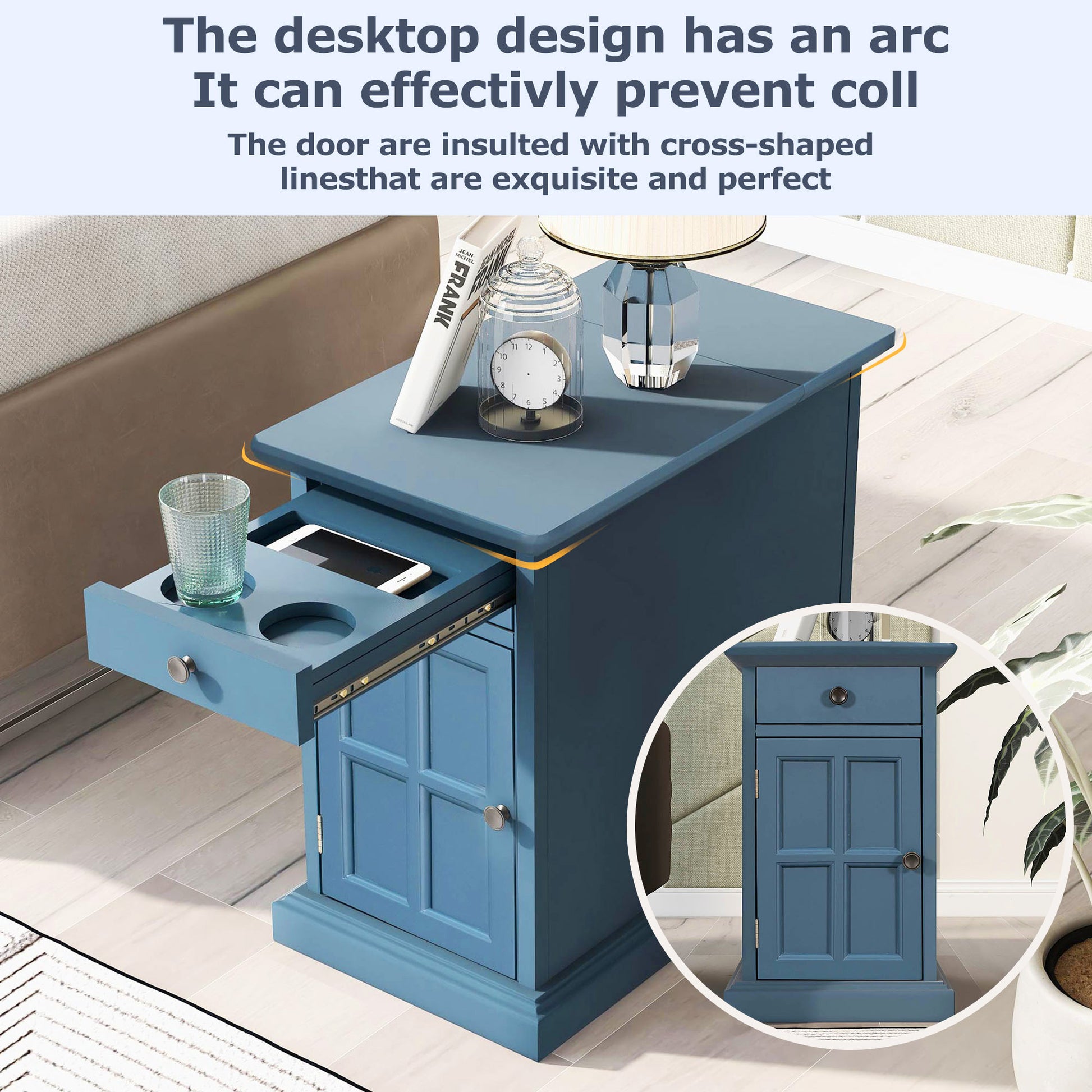 Classic Vintage Livingroom End Table Side Table With Usb Ports And One Multifunctional Drawer With Cup Holders, Antique Navy Antique Navy Solid Wood