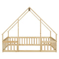 Full Wood House Shaped Floor Bed With Fence, Guardrails,Natural Full Natural American Design Pine