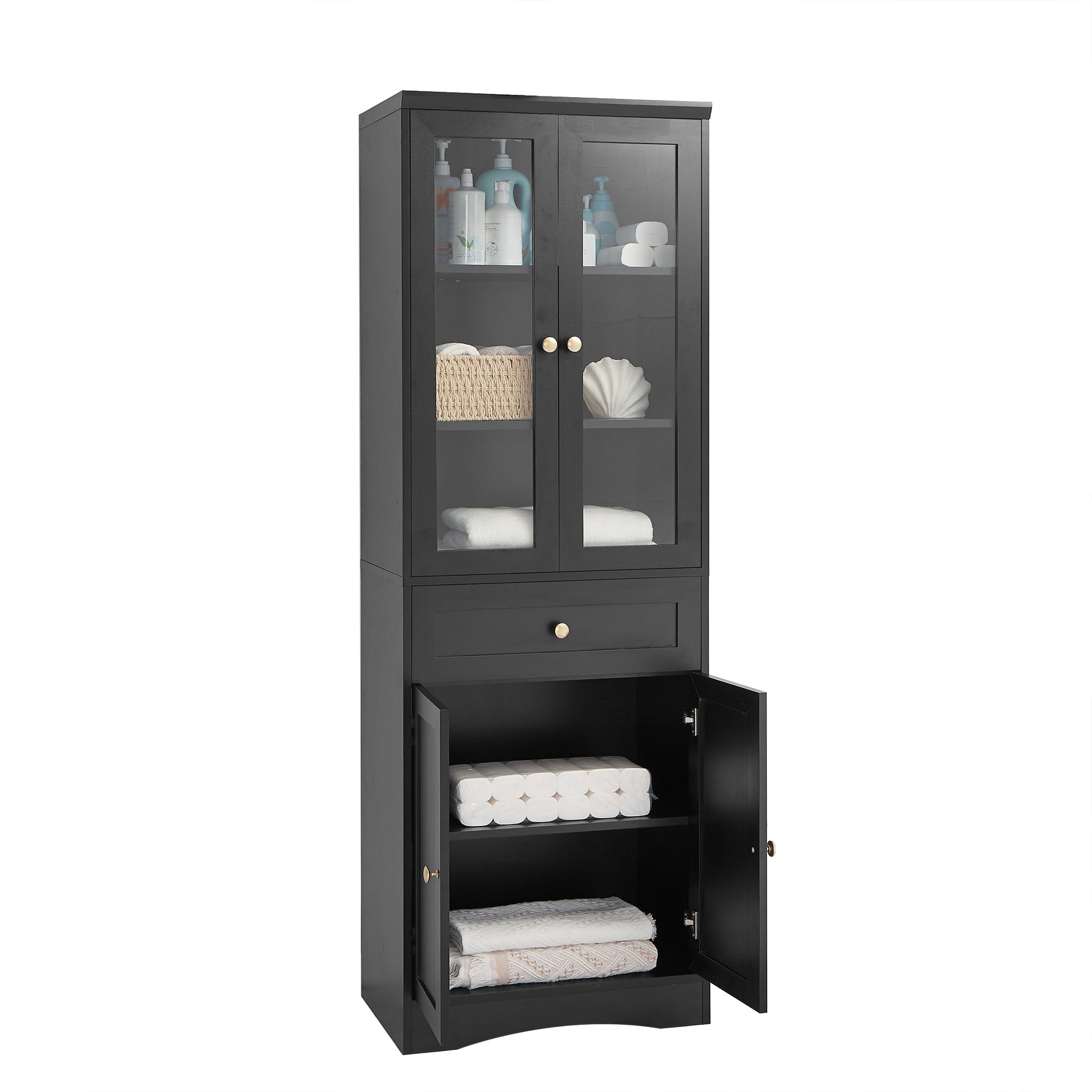 Tall Bathroom Storage Cabinet, Cabinet With Four Doors And Drawers, Adjustable Shelf, Mdf Board, Black Black Mdf