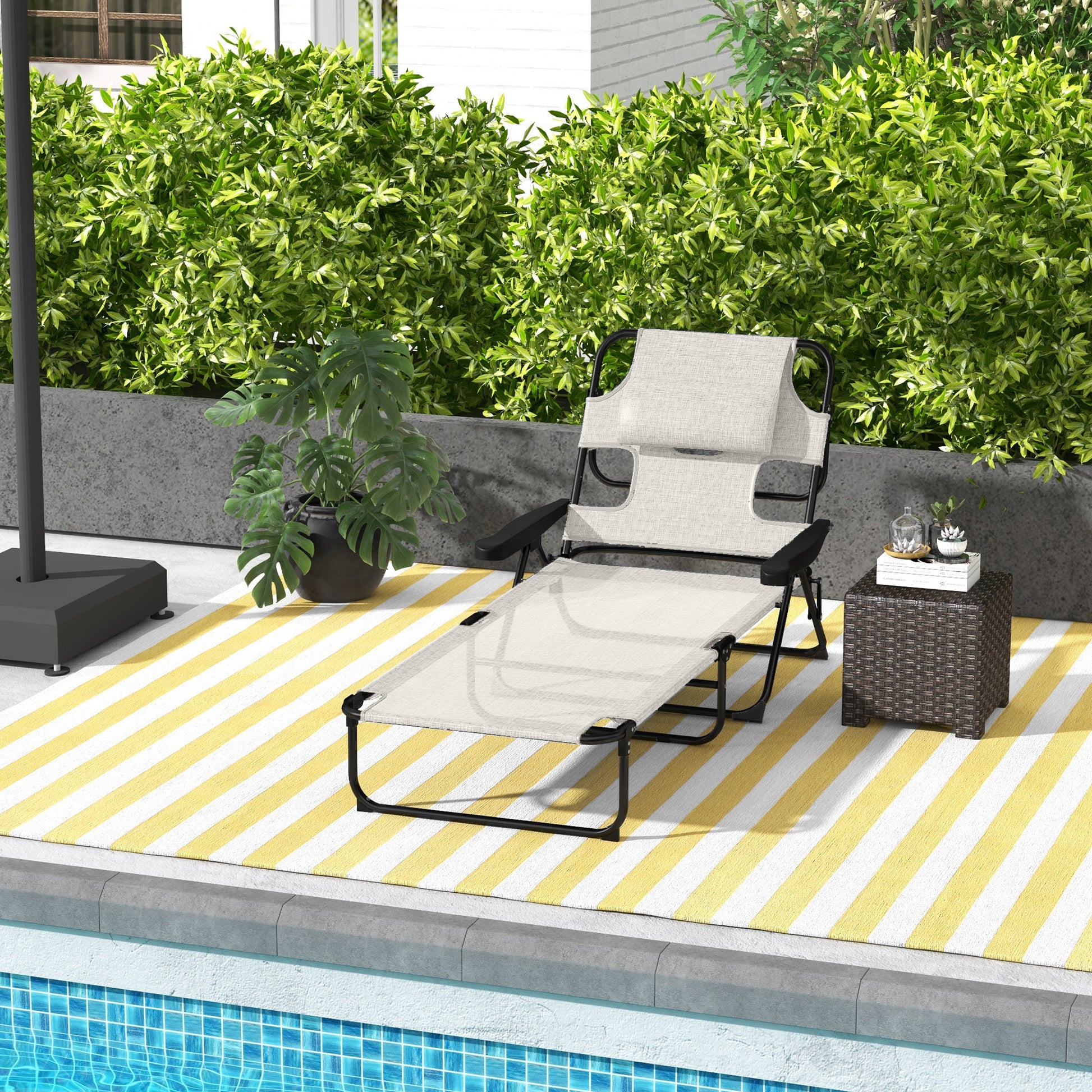 Outsunny Tanning Chaise Lounge Chair, 4 Position Beach Chair With Face & Arm Holes, Pillow Headrest, Adjustable Sunbathing Chair, Cream White Cream White Steel