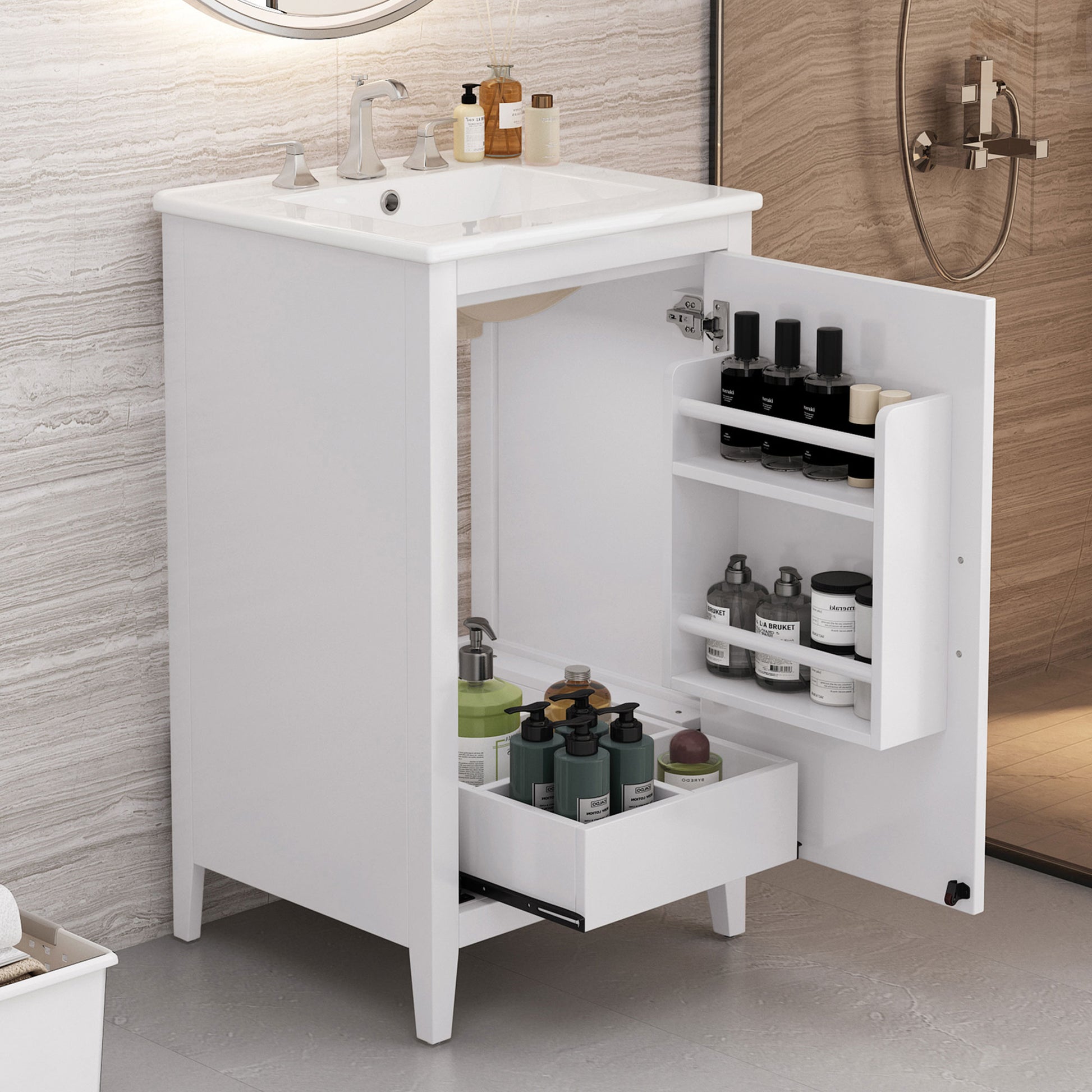 20.3" Bathroom Vanity With Sink, Functional Drawer, Door Shelf, Soft Closing Door, White White Acacia Wood,Ceramic Mdf