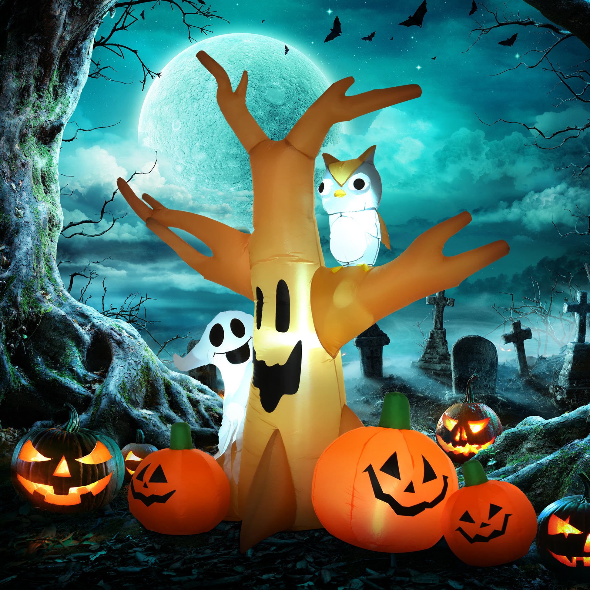 Homcom 7.5' Tall Lighted Halloween Inflatables Outdoor Decorations Haunted Tree With Owl, Ghost, Pumpkins, Blow Up Led Yard Decor For Garden, Lawn, Party, Holiday, Waterproof Multicolor Polyester