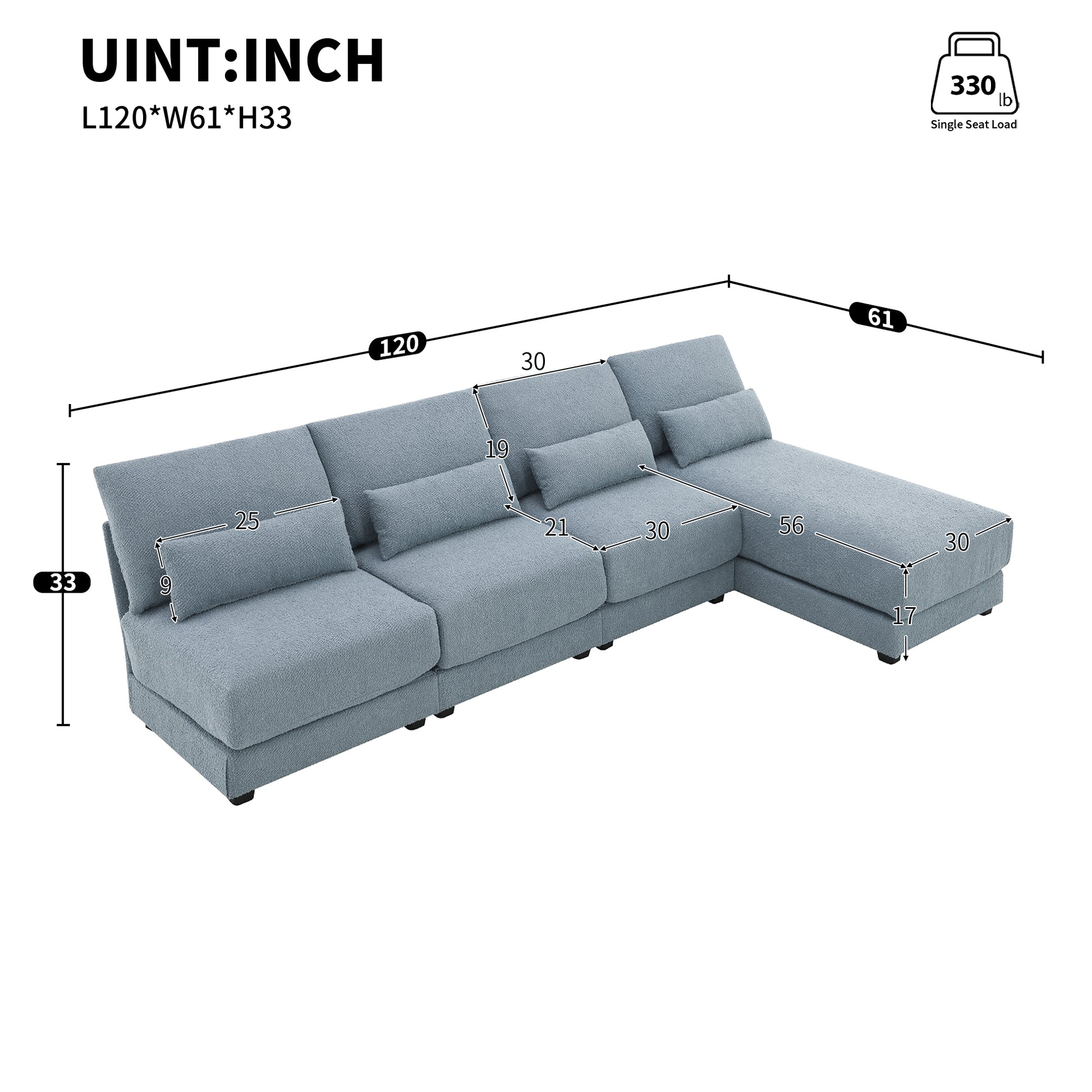 120*61" Oversized Deep Seat Sectional Sofa With Reversible Chaise,Loop Yarn Fabric 5 Seat Armless Indoor Furniture,Convertible L Shaped Couch For Living Room,Apartment,3 Colors Blue Fabric 5 Seat