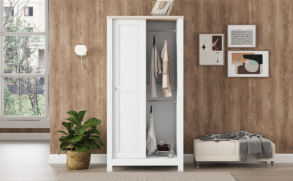 Bedroom Storage Wardrobe With Hanging Rods And 2 Drawers And Open Shelves,Sliding Door,White White Mdf