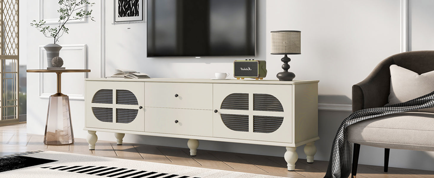 68.9'' Modern Tv Stand For Tvs Up To 75 Inches, Entertainment Center Media Console With Fluted Glass Doors, Five Solid Wood Legs For Living Room Antique White 70 79 Inches Mdf