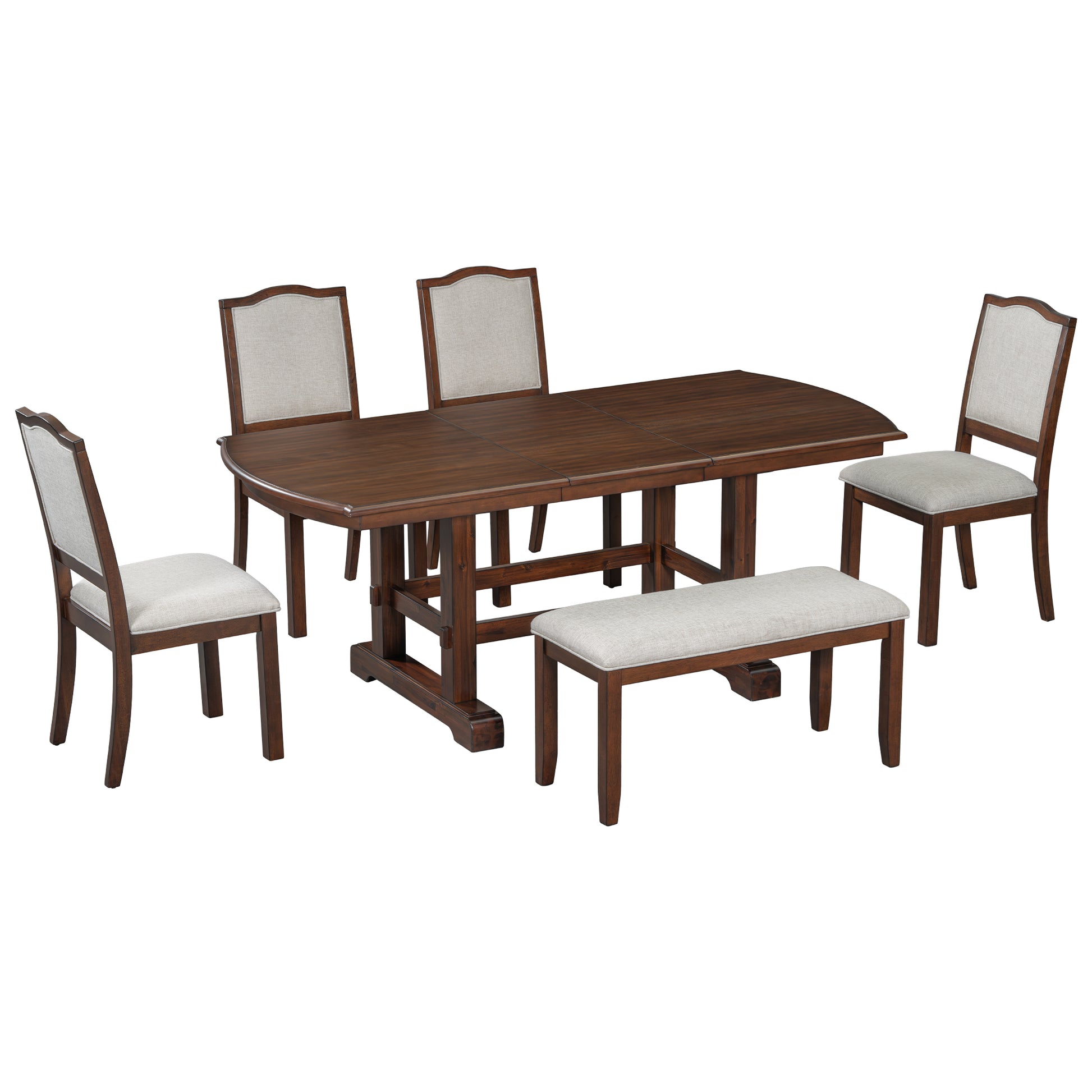 6 Piece Dining Table Set, 60Inch To 78Inch Extendable Wood Dining Table With Removable Leaf, Kitchen Table Set With 4 Upholstered Side Chair And Bench, Dining Table Set For 6 Cherry Wood Dining Room Extendable Rubberwood Rectangular Dining Table With