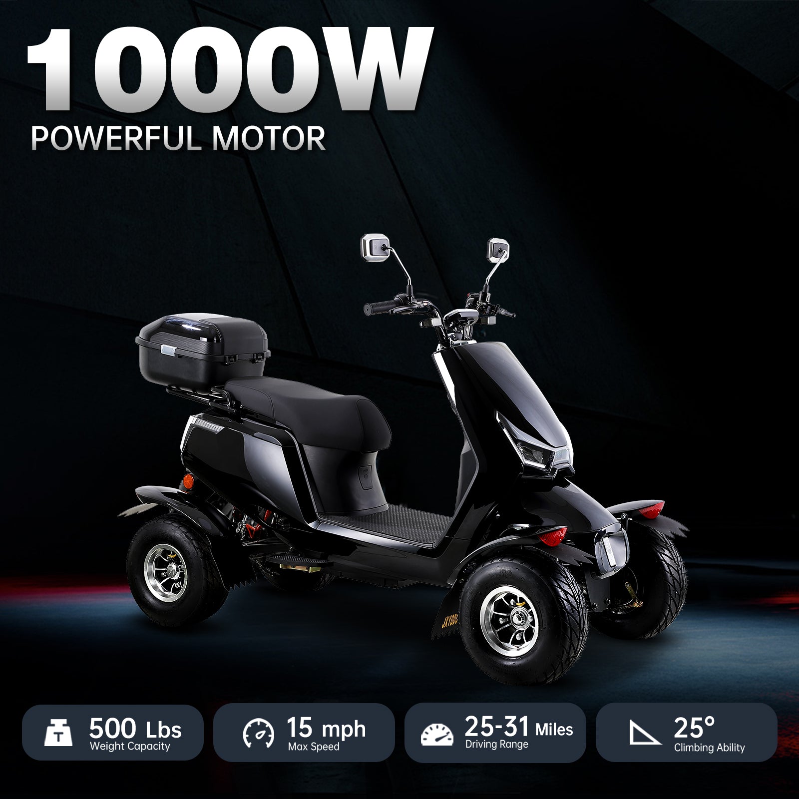 Electric Mobility Recreational Travel Scooter For Adults,Mobility Scooters For Seniors, 4 Wheel Powered Mobility Scooters Black Abs Pc