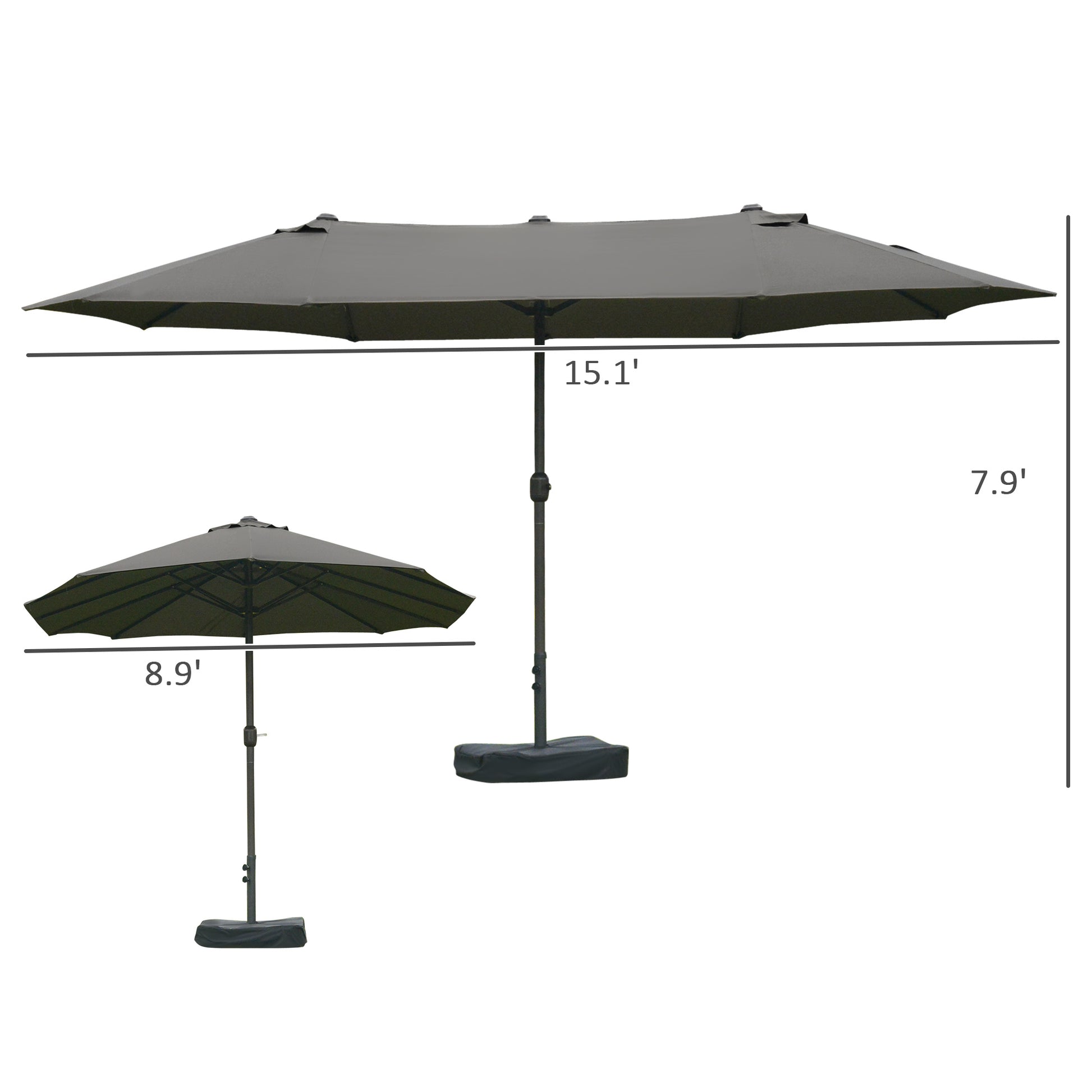 Outsunny Patio Umbrella 15' Steel Rectangular Outdoor Double Sided Market With Base, Sun Protection & Easy Crank For Deck Pool Patio, Dark Gray Grey Steel