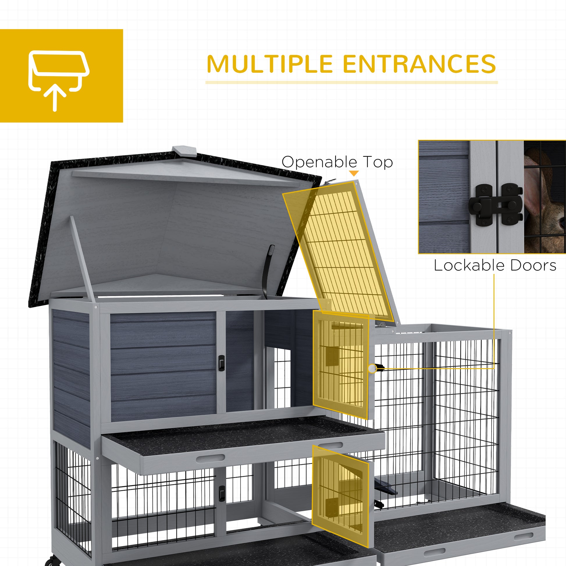 Pawhut Rabbit Hutch 2 Story Bunny Cage Small Animal House With Slide Out Tray, Wheels, For Indoor Outdoor, 59.8" X 20.9" X 39.2", Gray Grey Wood