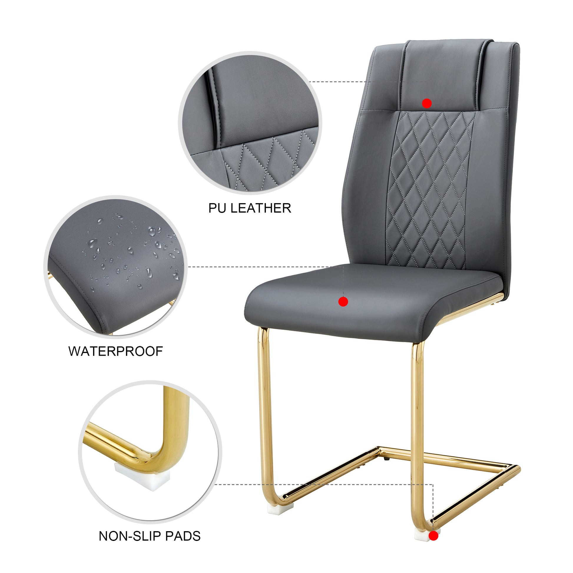 Table And Chair Set, The Table Is Equipped With A Marble Patterned Mdf Tabletop And Gold Table Legs.Dining Chairs,Gold Legged Upholstered Chairs Made Of Artificial Leather. Grey Gold Seats 4 Mdf